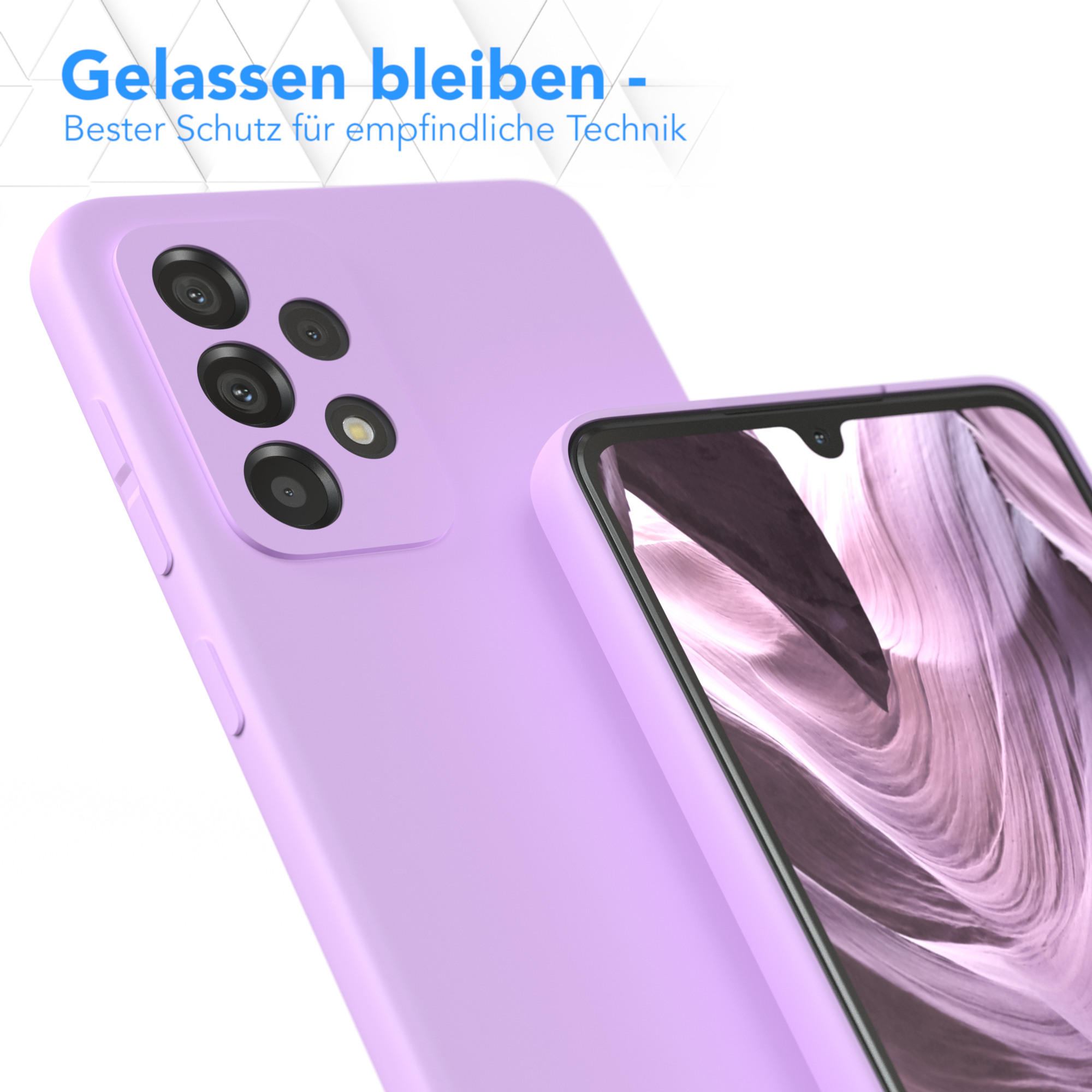 Eine lilafarbene Handyhülle und ein Telefon, das die Rückseite des Telefons mit Kameras zeigt.
