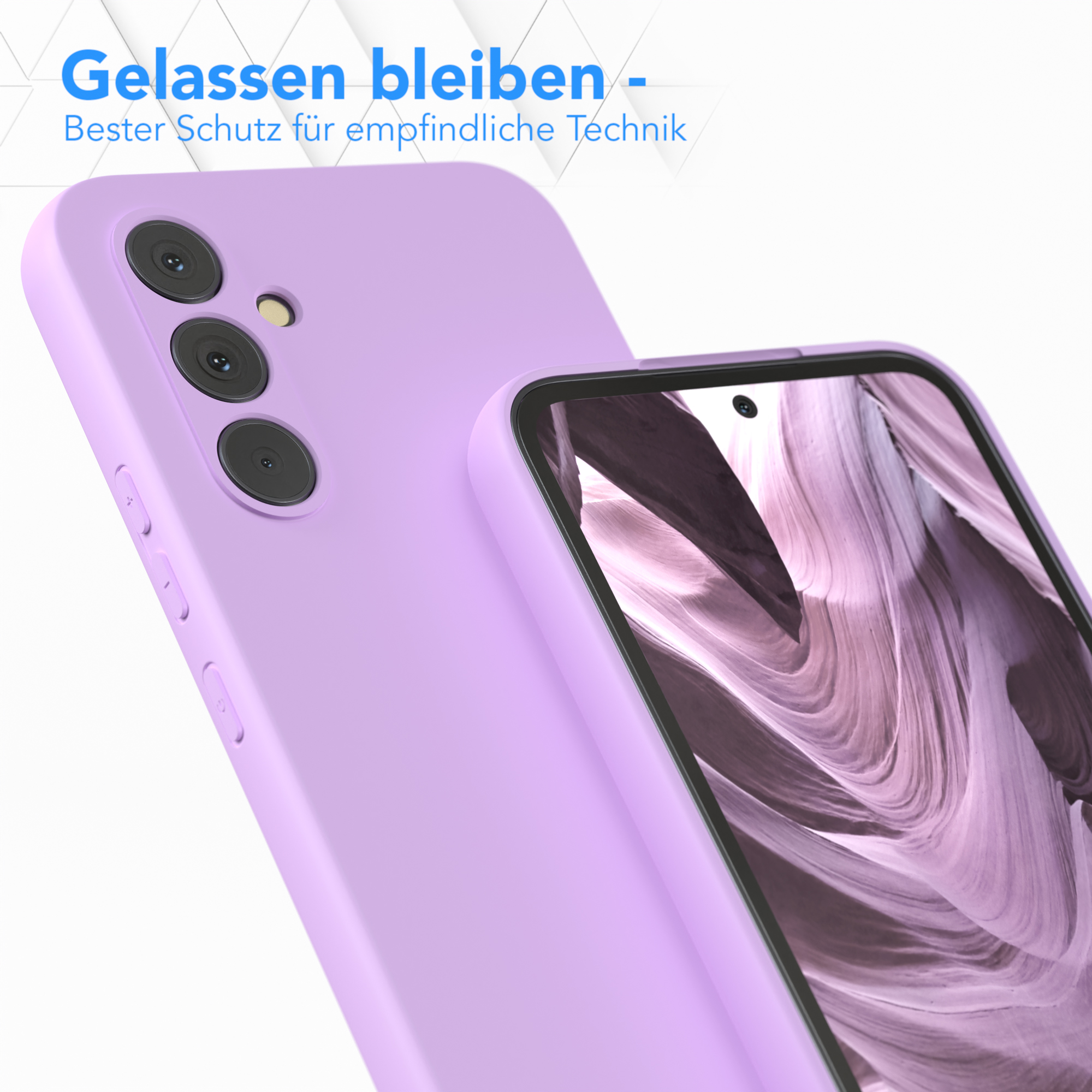 Lila Handyhülle mit Telefon im Inneren. Das Bild hebt das Kameramodul und den Schutz hervor.