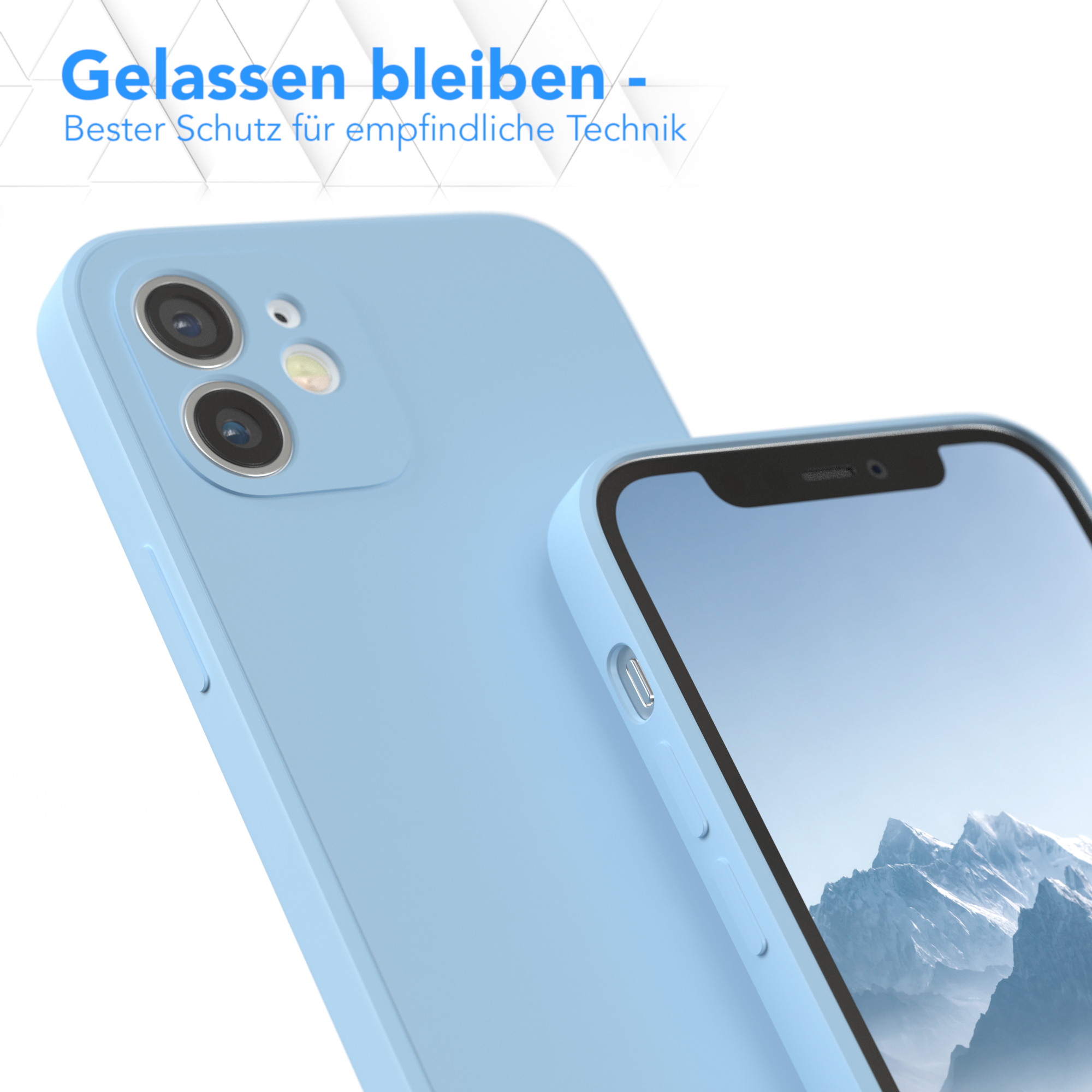 Ein hellblaues Telefon neben einer blauen Handyhülle, mit Text darüber.
