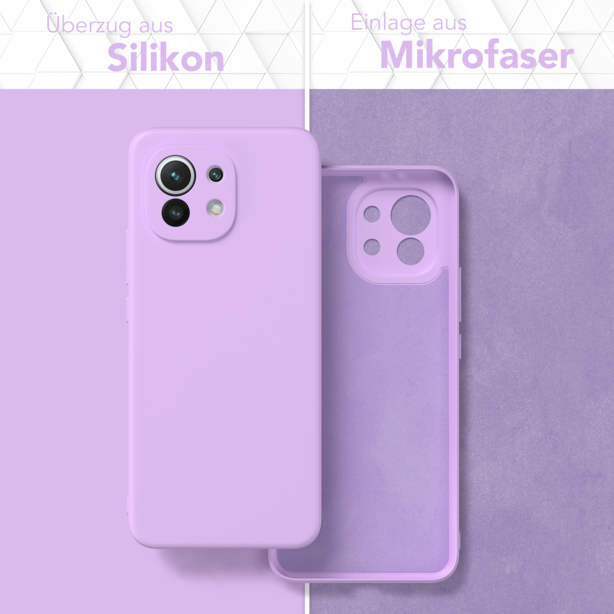 Handyhülle in Fliederfarbe, Innen- und Außenteile zeigend. Text: "Silikon" und "Mikrofaser".
