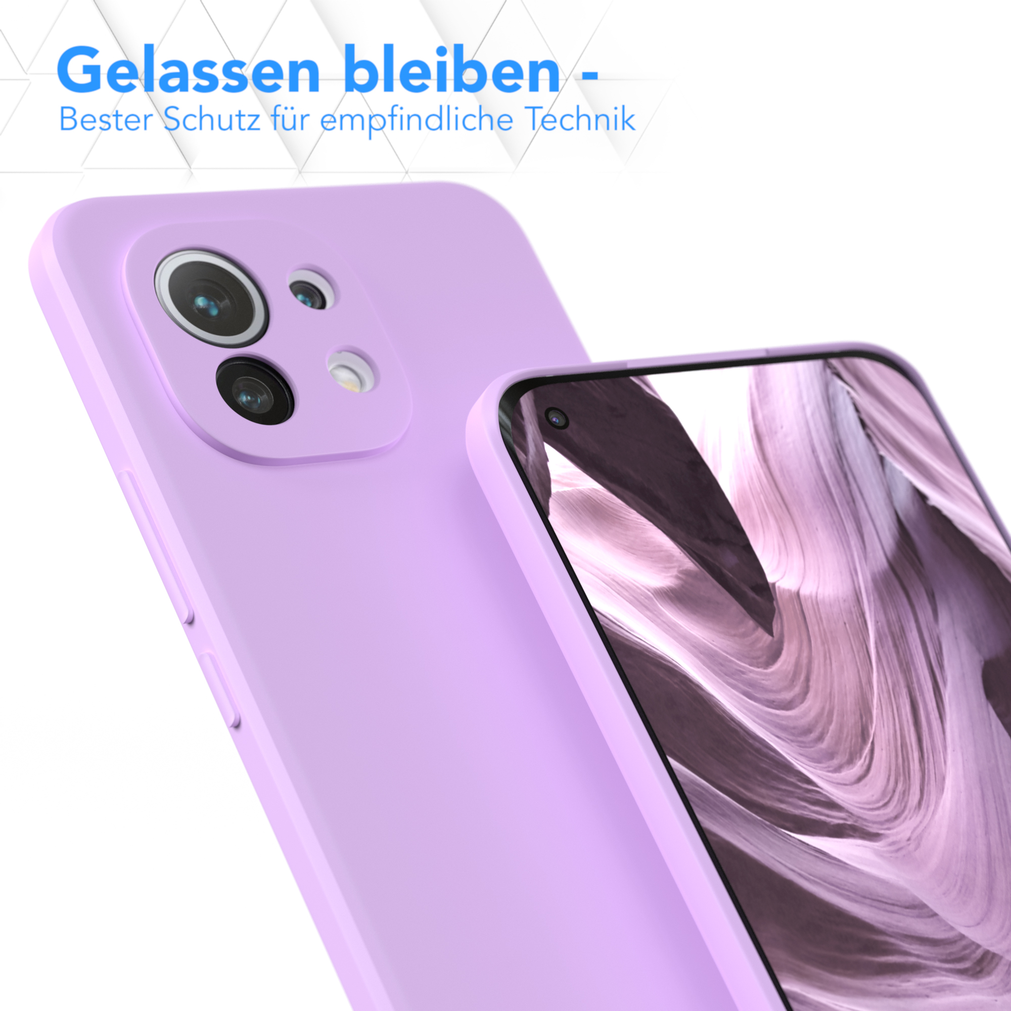 Zwei lavendelfarbene Handyhüllen. Eine auf einem Telefon mit verschwommenem Hintergrund, eine leer.