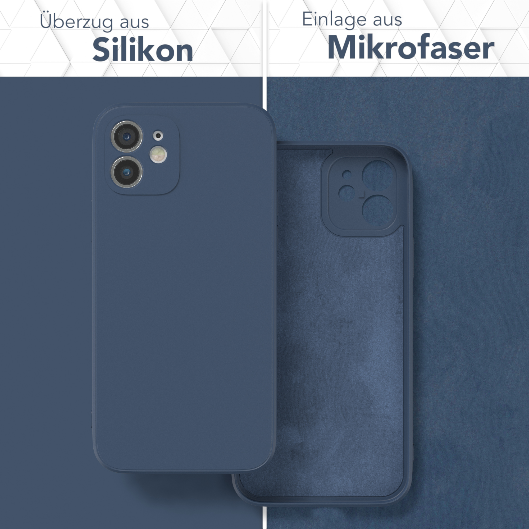 Zwei Smartphone-Hüllen nebeneinander, eine aus Silikon und eine aus Mikrofaser, mit Innen- und Außenseite sichtbar.