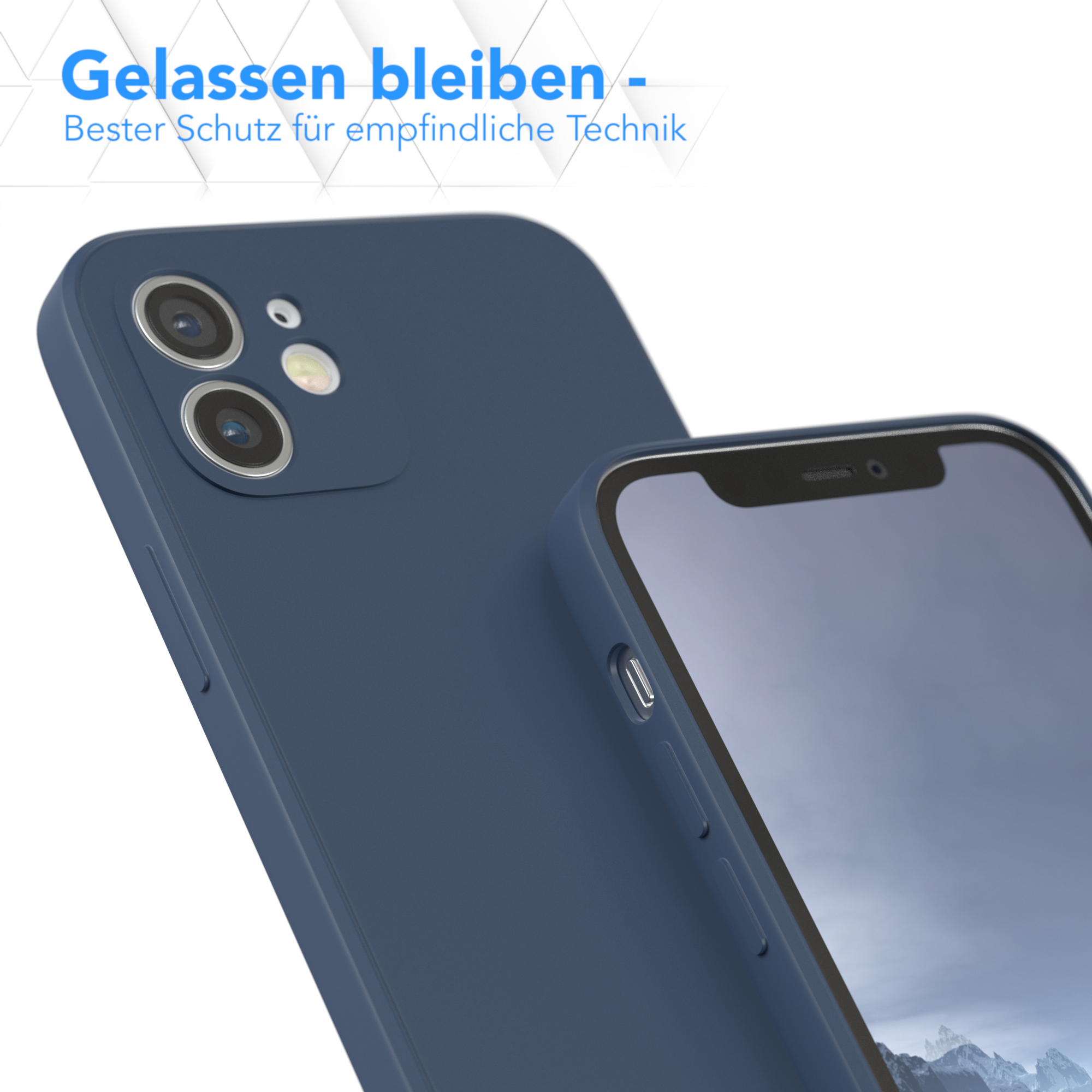 Blaue Handyhülle mit Telefon darin. Text oben: 'Gelassen bleiben - Bester Schutz für empfindliche Technik'.