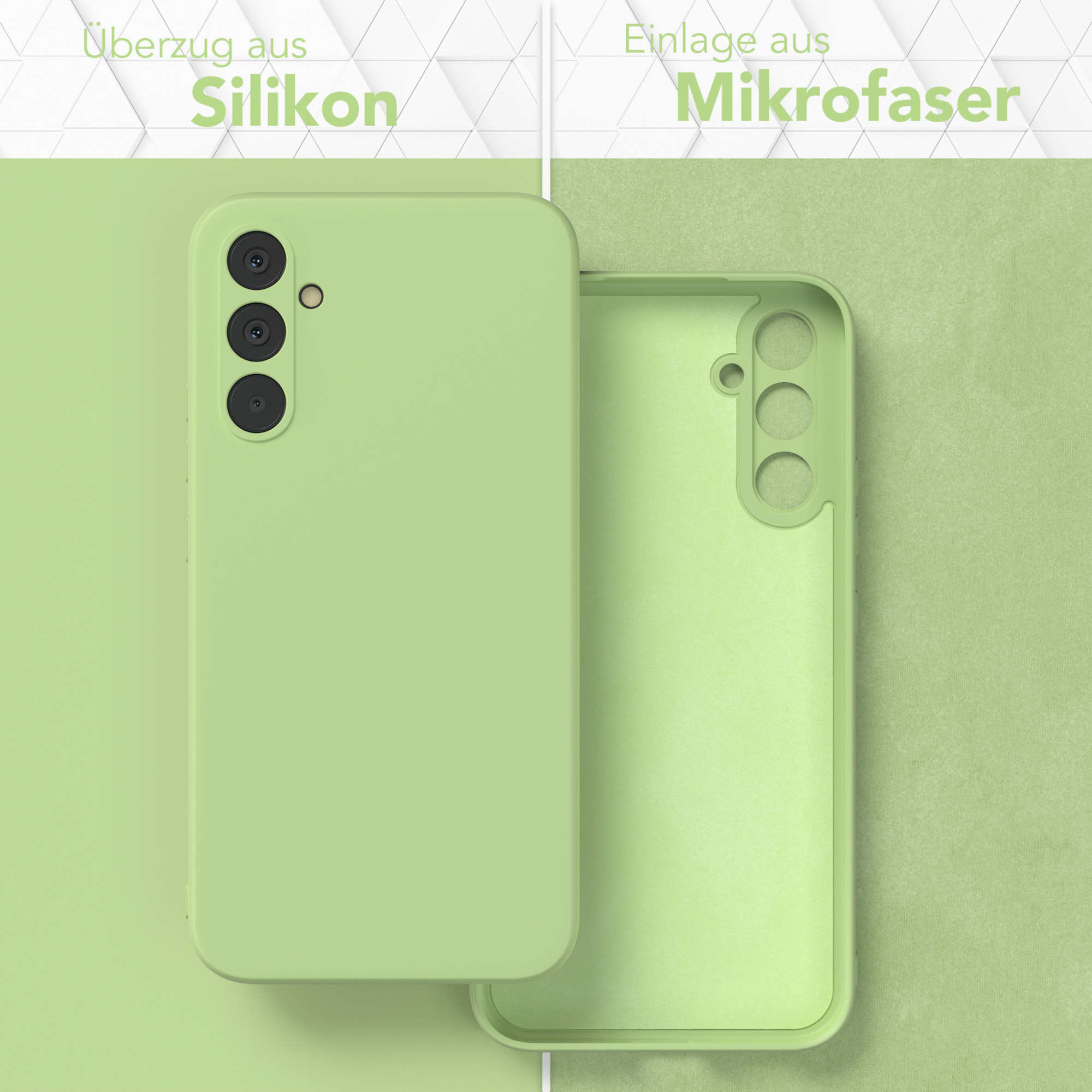 Zwei Handyhüllen: eine grüne, eine offene mit grünem Mikrofaserfutter. Beide sind für Telefone.