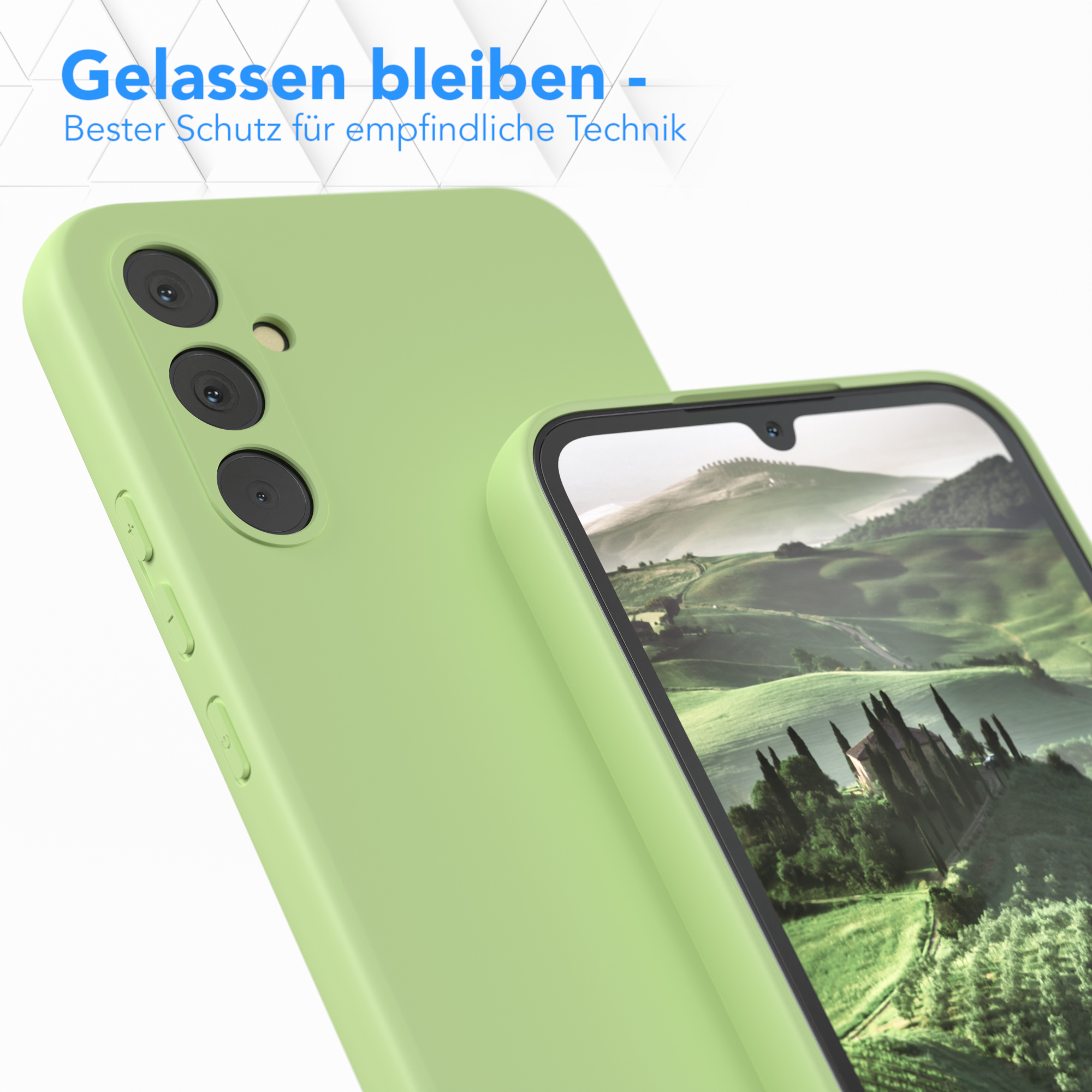 Zwei grüne Handyhüllen, eine auf einem Telefon und eine separat. Weißer Hintergrund.