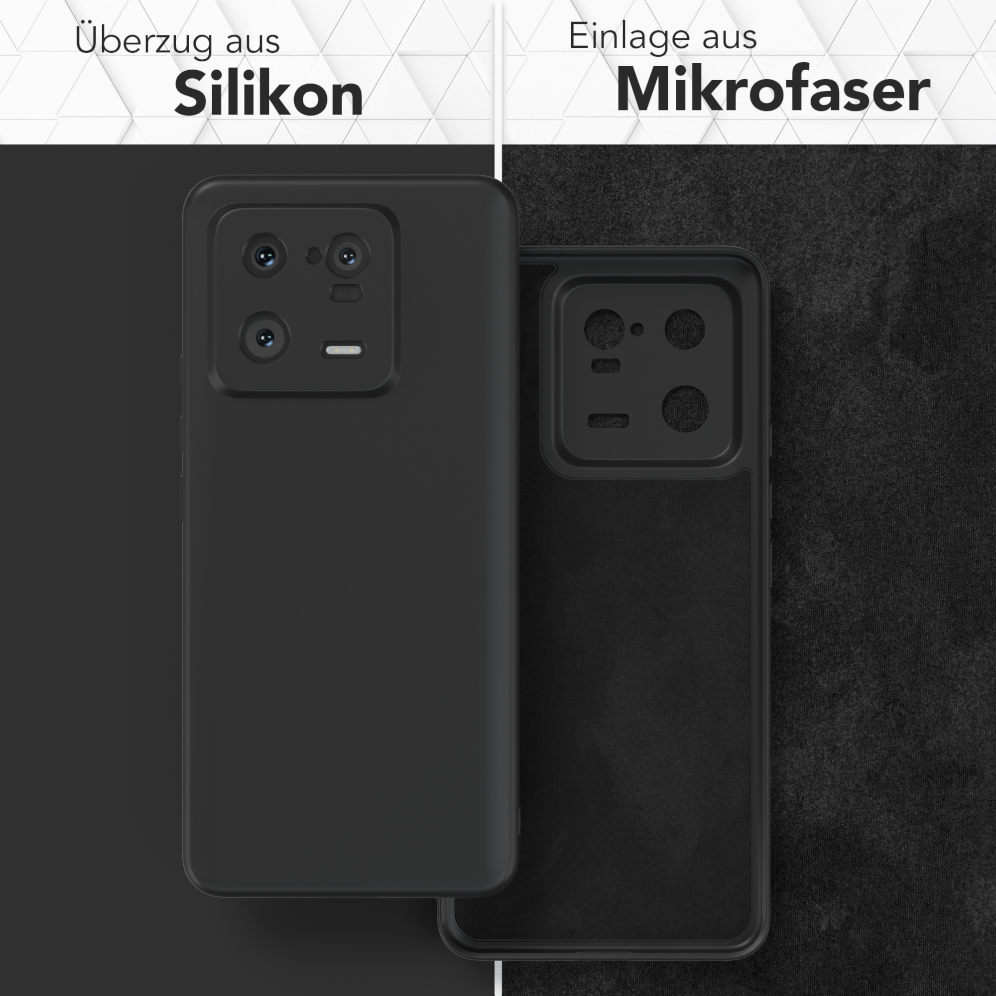 Zwei schwarze Handyhüllen. Eine zeigt das Äußere, die andere das Mikrofaser-Innenteil.