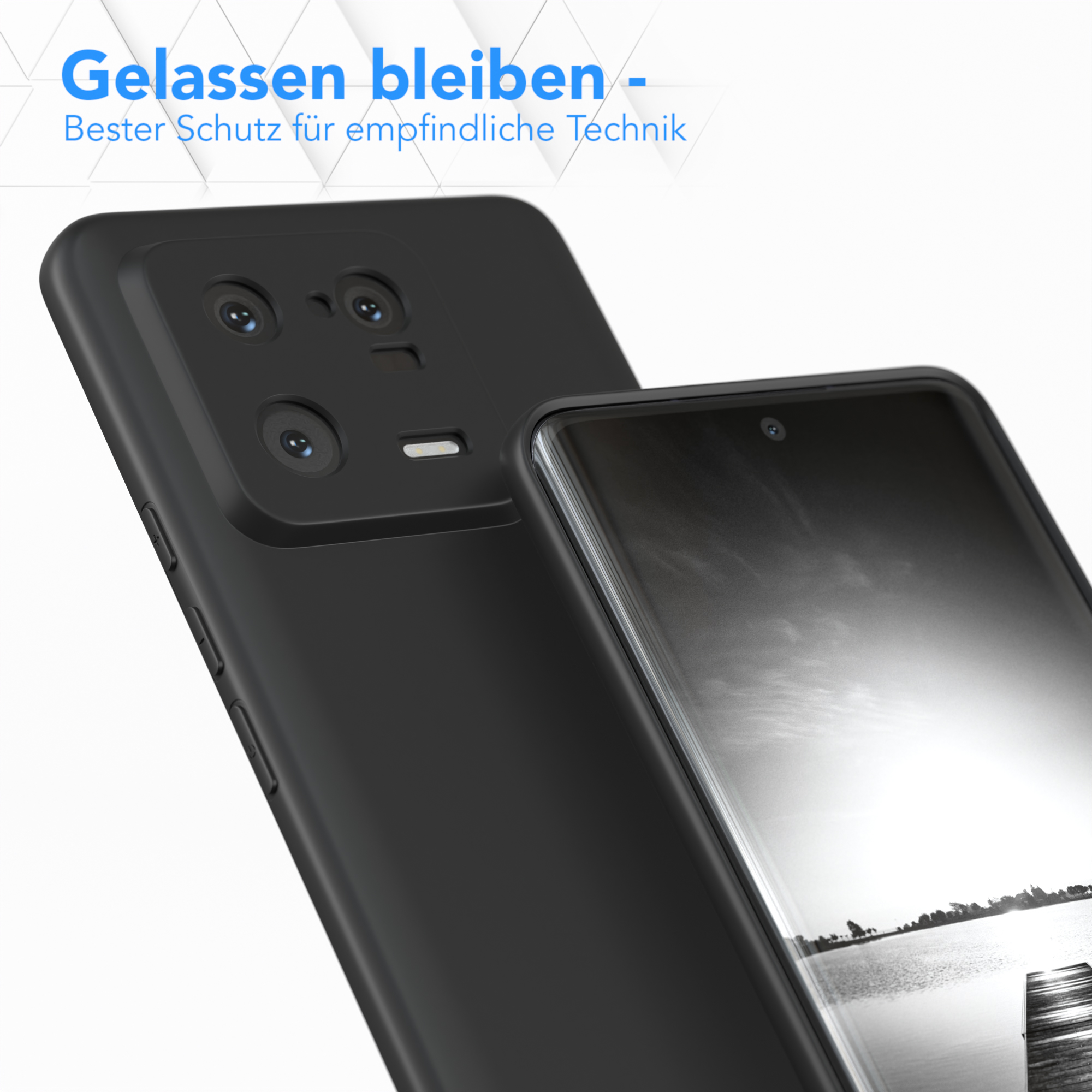 Zwei schwarze Telefone, eines in einer Hülle, abgewinkelt, um die Kamera zu zeigen. Text sagt 'Gelassen bleiben'.