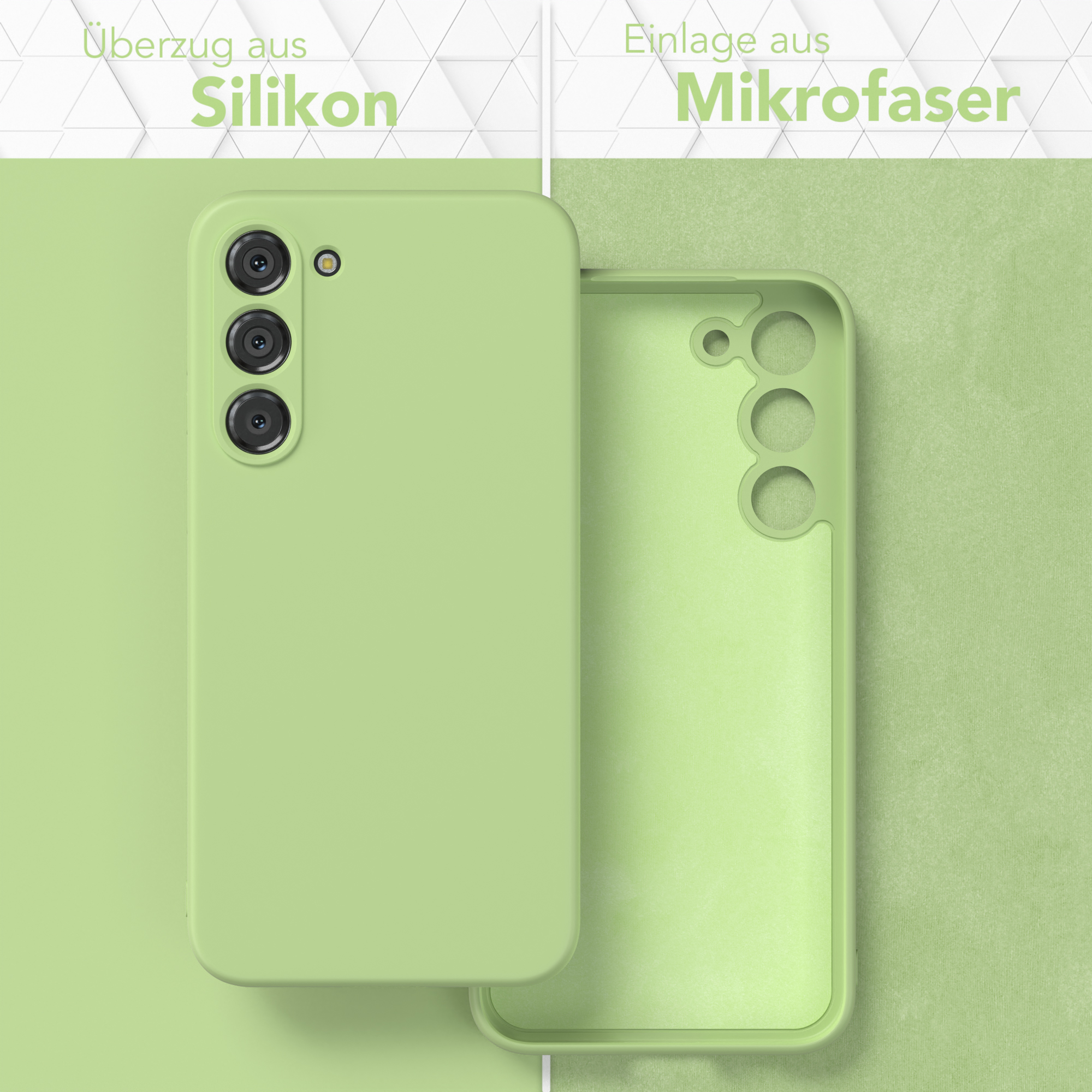 Grüne Handyhülle. Oben: Silikon. Unten: Mikrofaser.