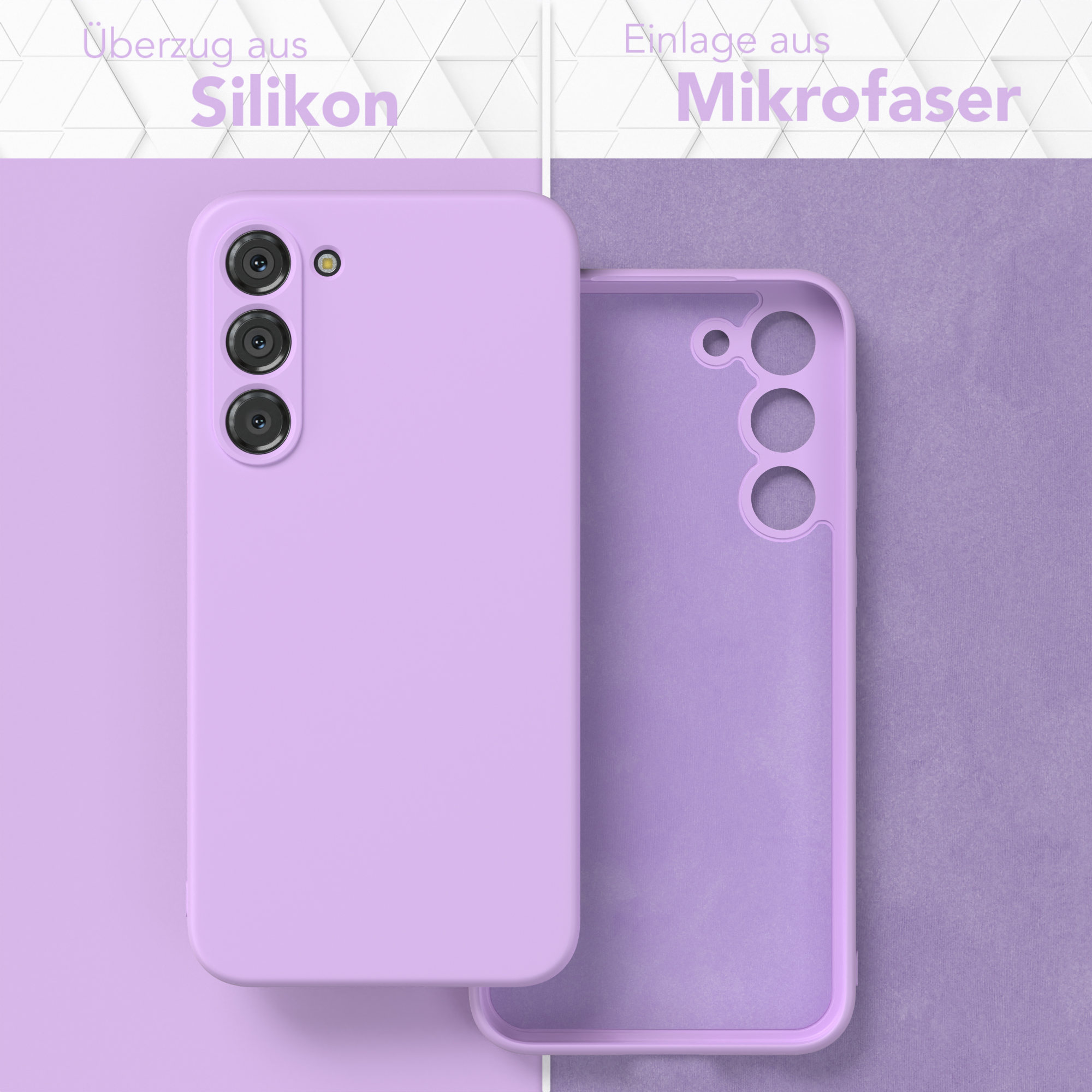Eine lilafarbene Handyhülle mit Silikonaußenseite und Mikrofaserinnenseite, wobei die Hülle geöffnet ist.
