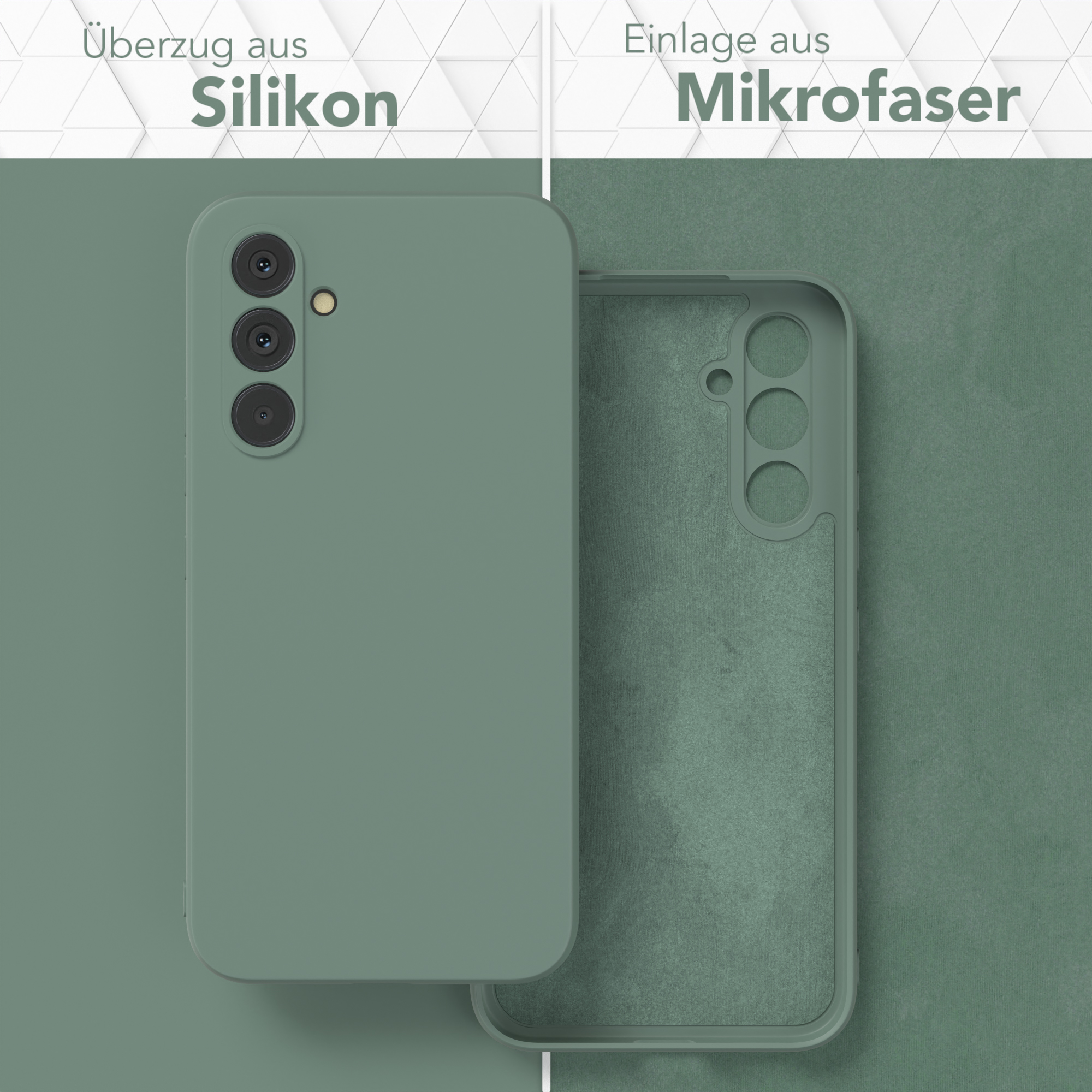Handyhülle, zeigt Silikon und Mikrofaser-Innenseite.