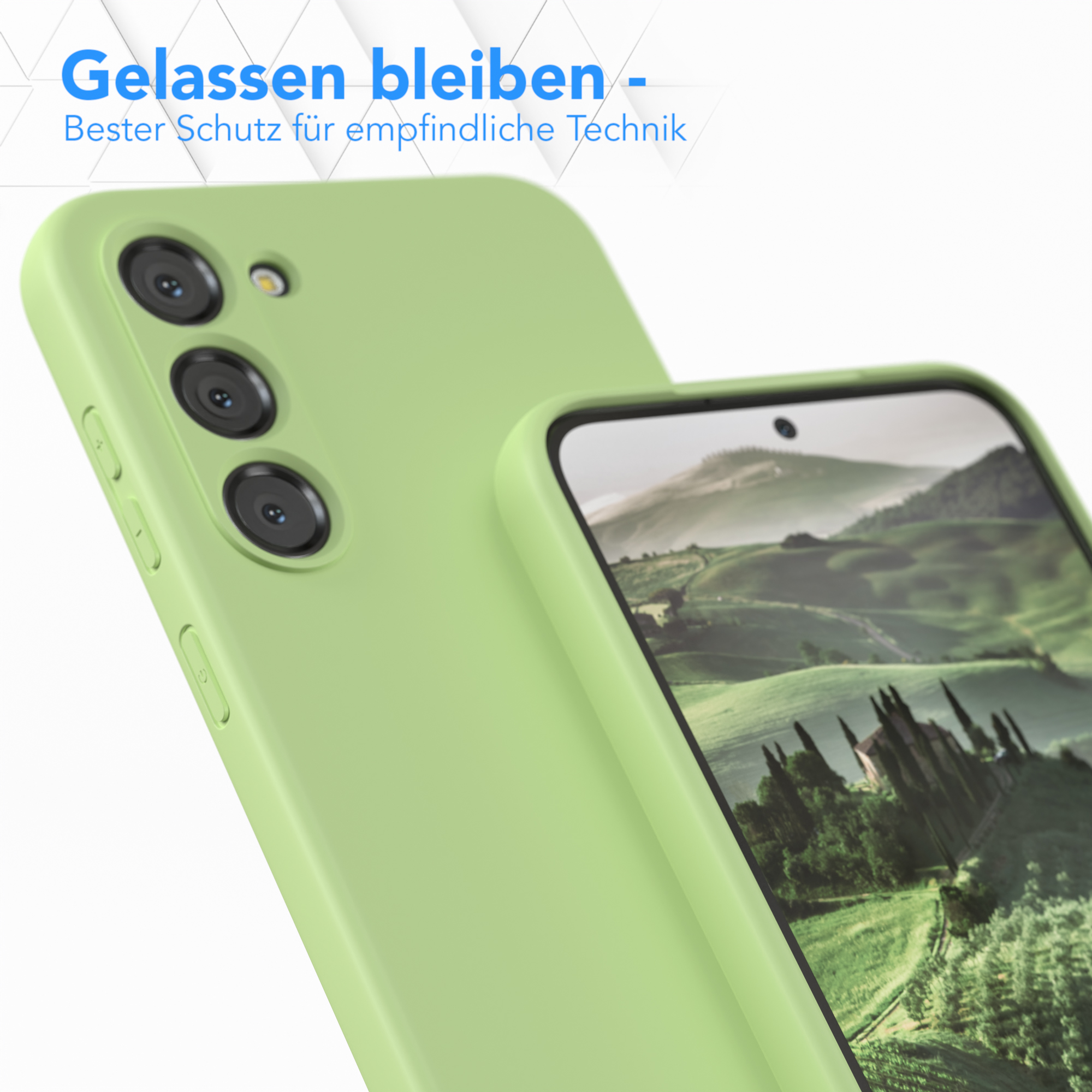 Grüne Handyhülle schützt ein Telefon. Ein zweites Telefon zeigt eine Landschaft.