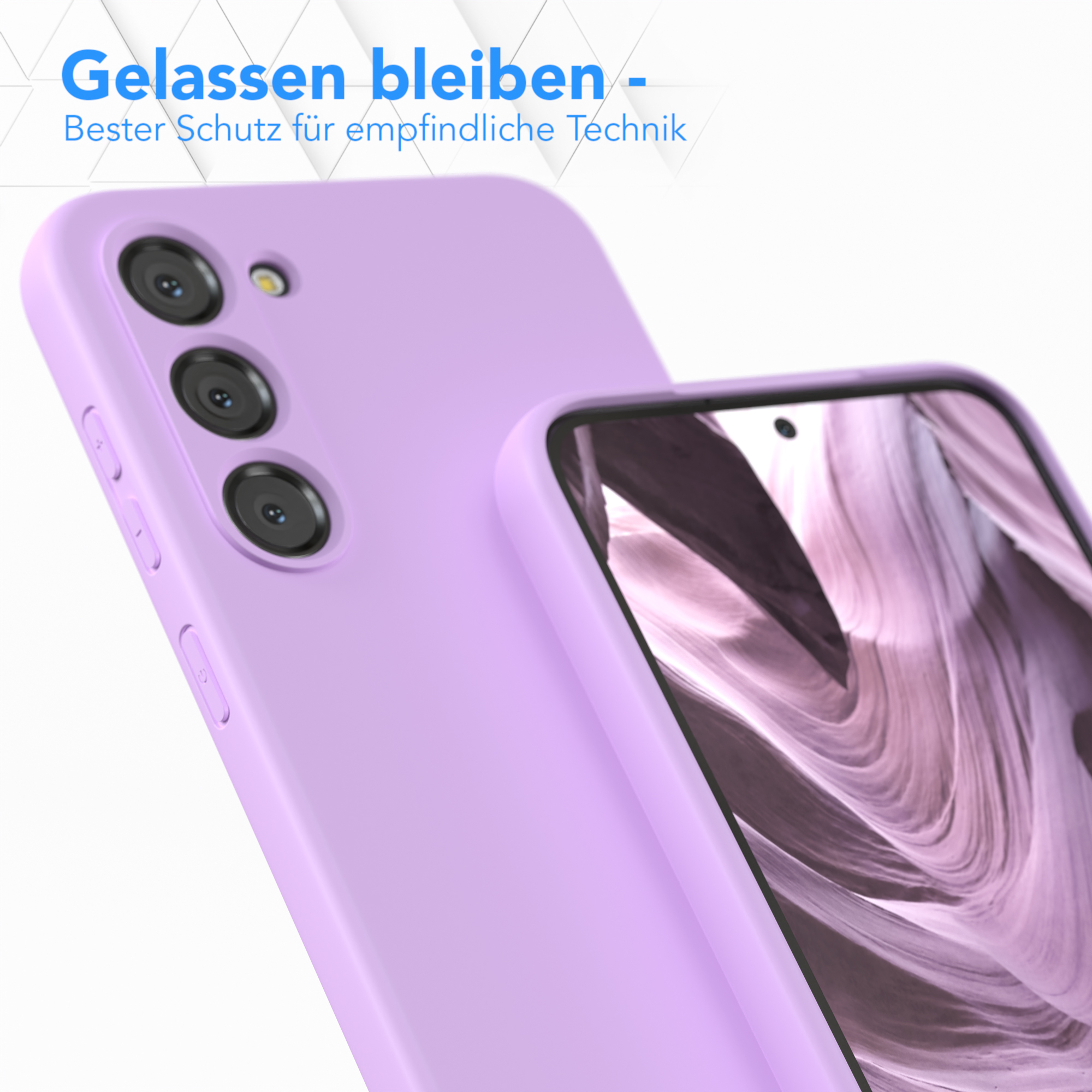 Lila Handyhülle mit drei Kameralinsen. Weißer Hintergrund.