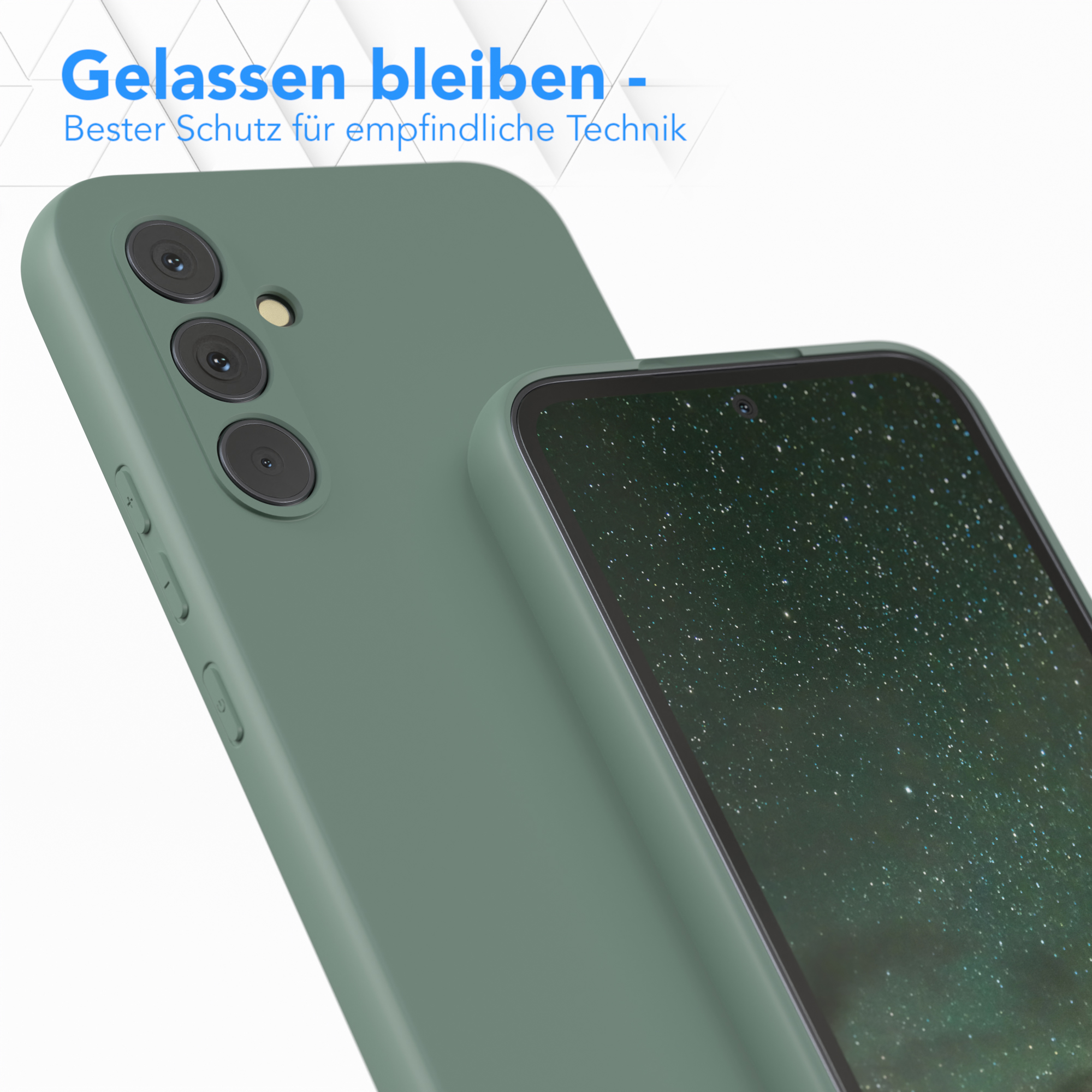 Grüne Handyhülle mit Telefon, Textüberlagerung. Nahaufnahme.