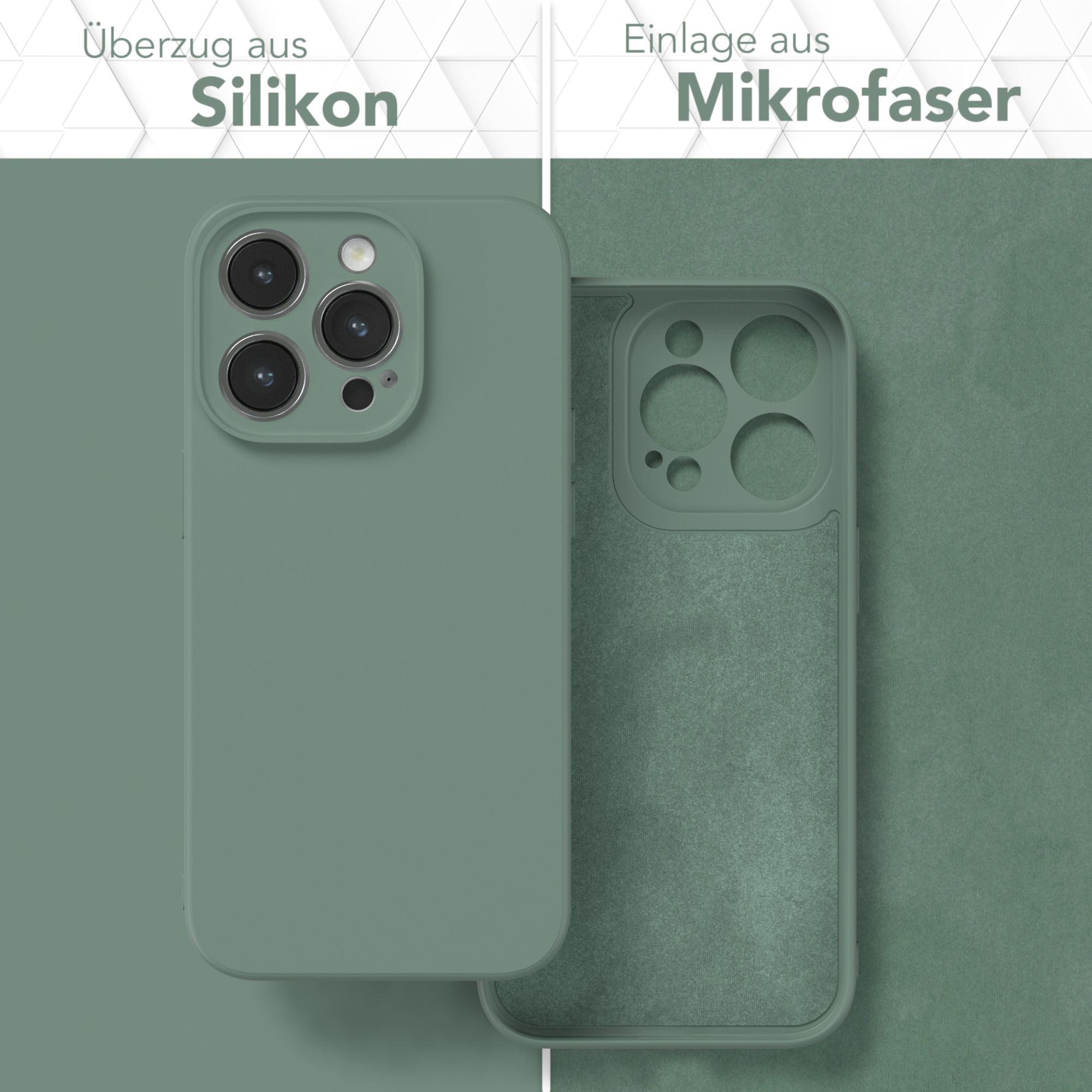 Zwei Handyhüllen, eine grüne, eine transparente, beide zeigen Silikon- und Mikrofaser.