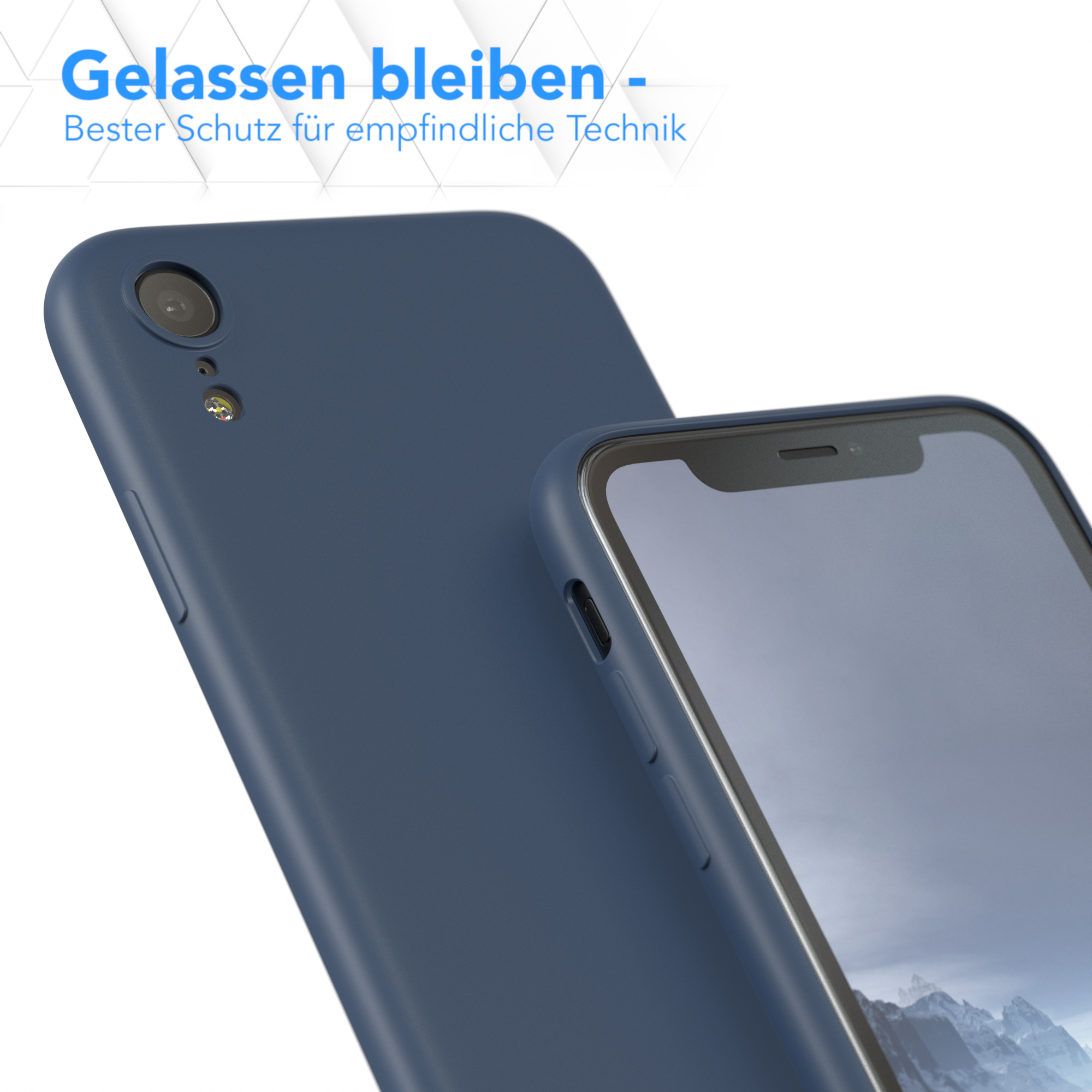Nahaufnahme einer dunkelblauen Handyhülle und eines Handys mit Bildschirm.
