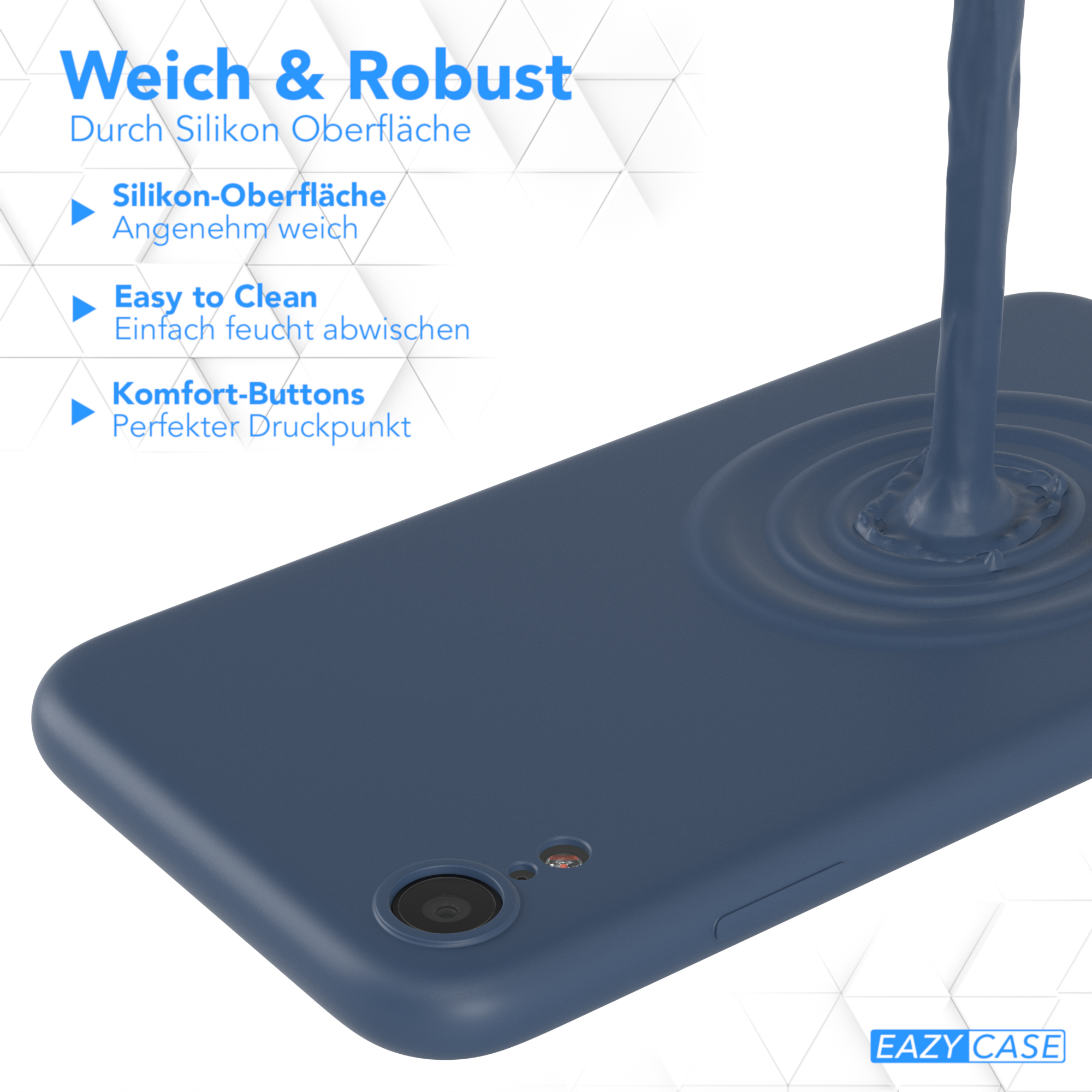 Eine marineblaue Handyhülle, die Seite und Rückseite zeigt, mit Etiketten, die auf eine weiche, leicht zu reinigende Oberfläche hinweisen.