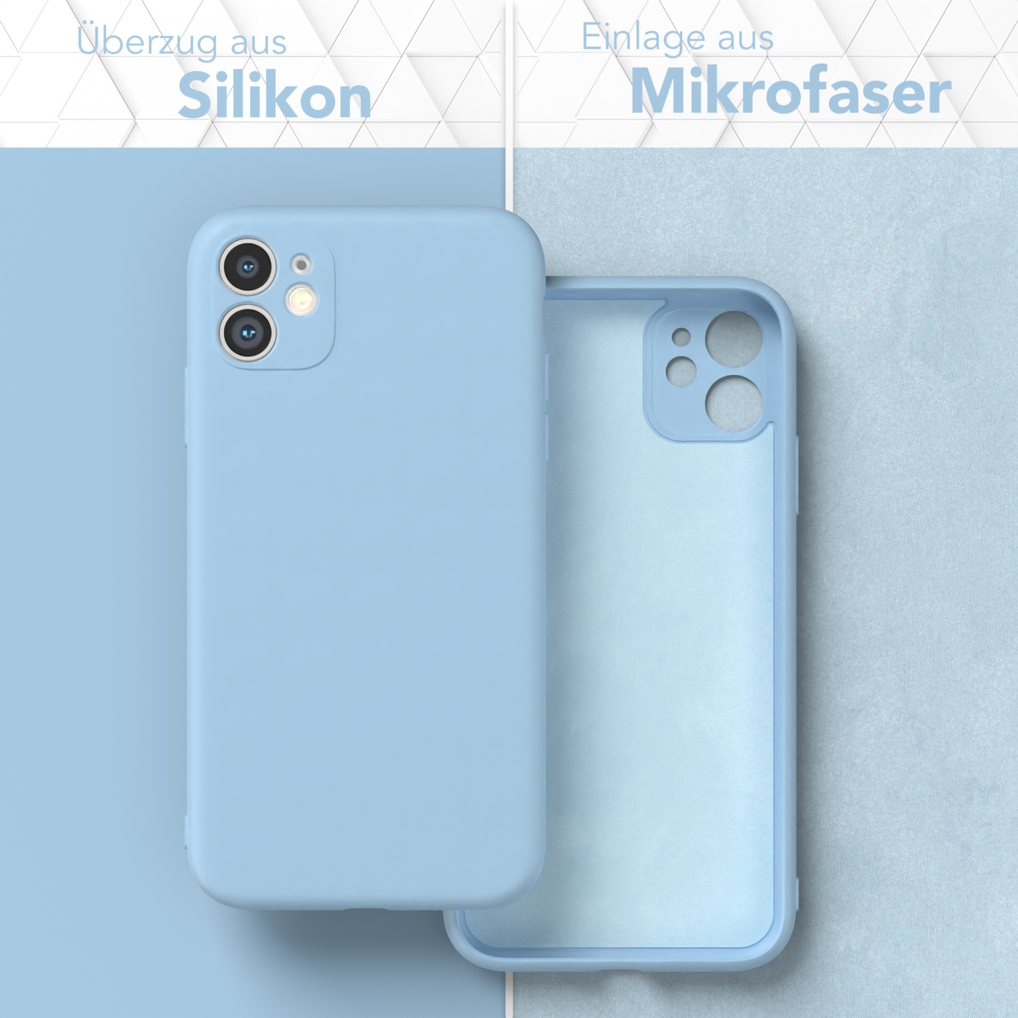 Eine hellblaue Handyhülle aus Silikon und Mikrofaser, mit geöffneter Hülle, die das Innere zeigt.