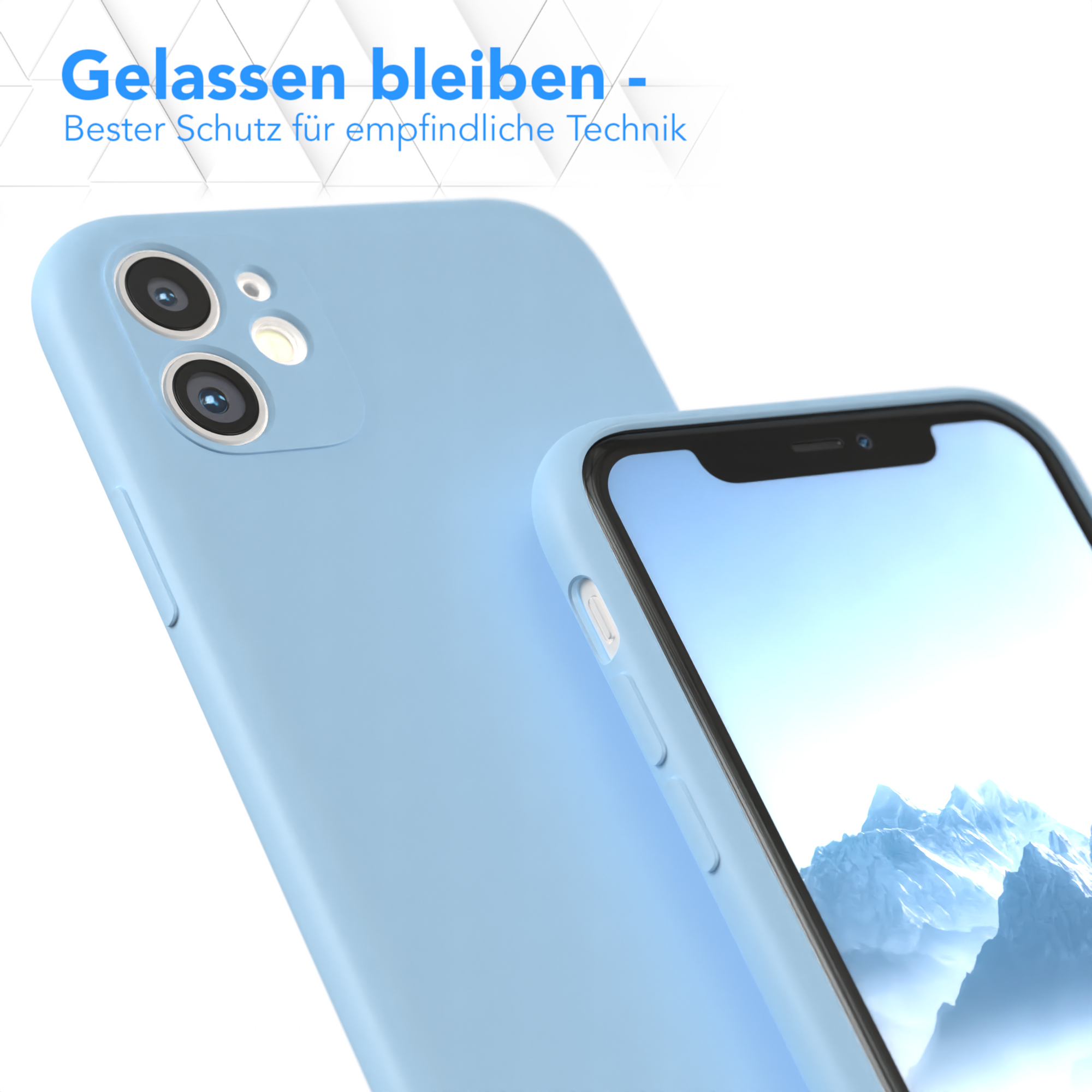 Eine hellblaue Handyhülle mit einem Telefon darin, die Hülle befindet sich neben einer weißen Oberfläche.