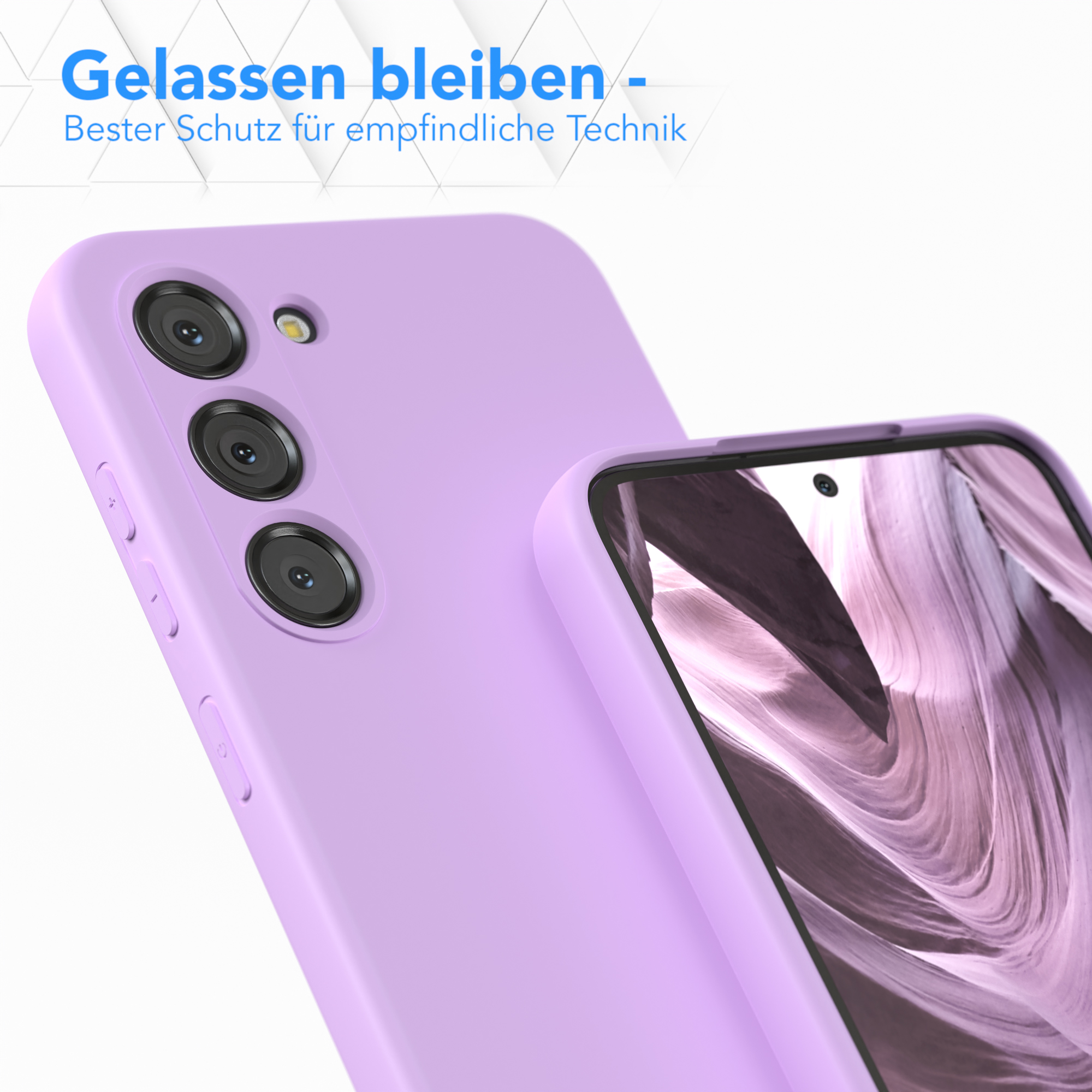 Zwei violette Handyhüllen. Eine mit Kameralinsen, die andere mit Bildschirm, Text oben.