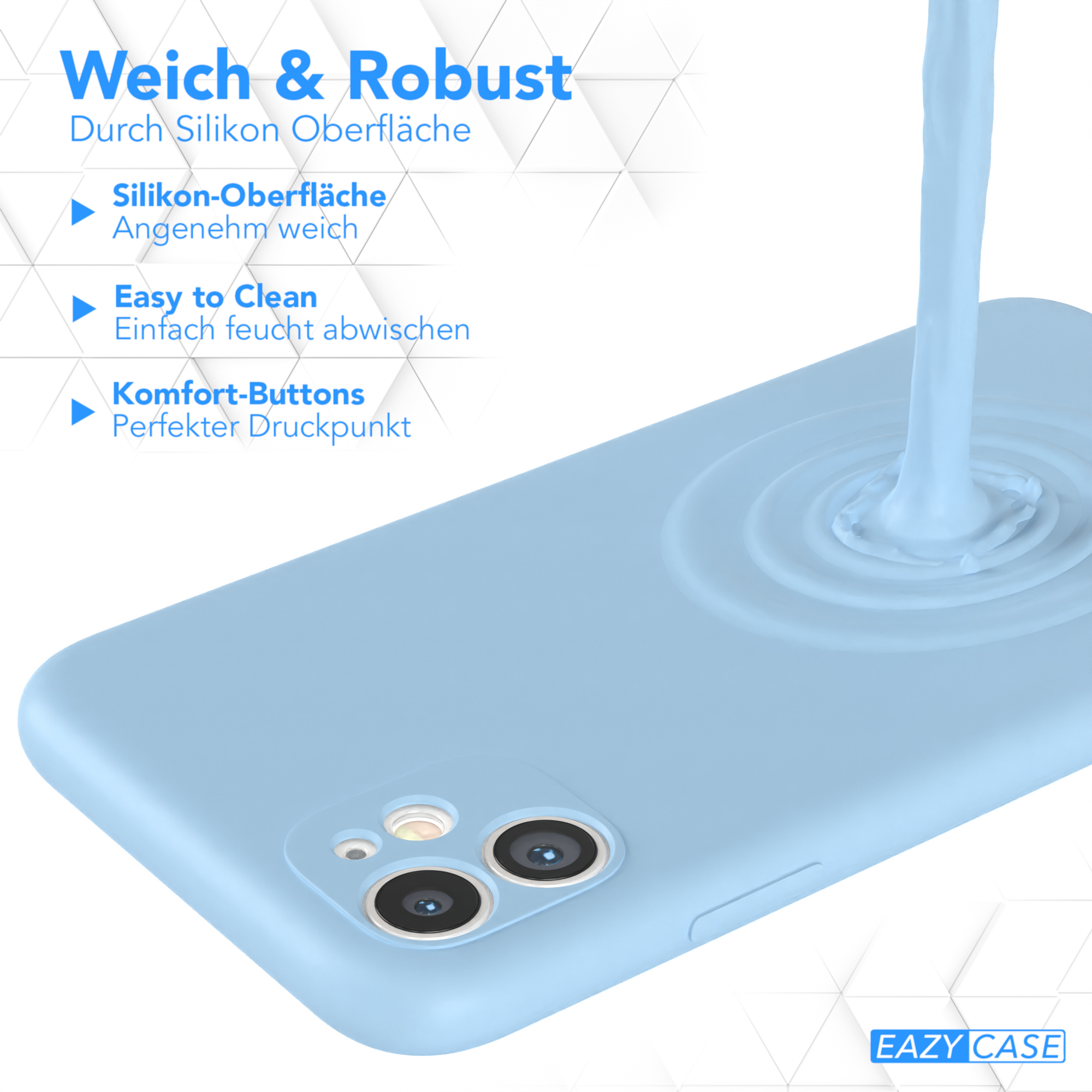 Eine blaue Handyhülle mit Flüssigkeitsspritzer. Die Hülle hat zwei Kameralinsen.