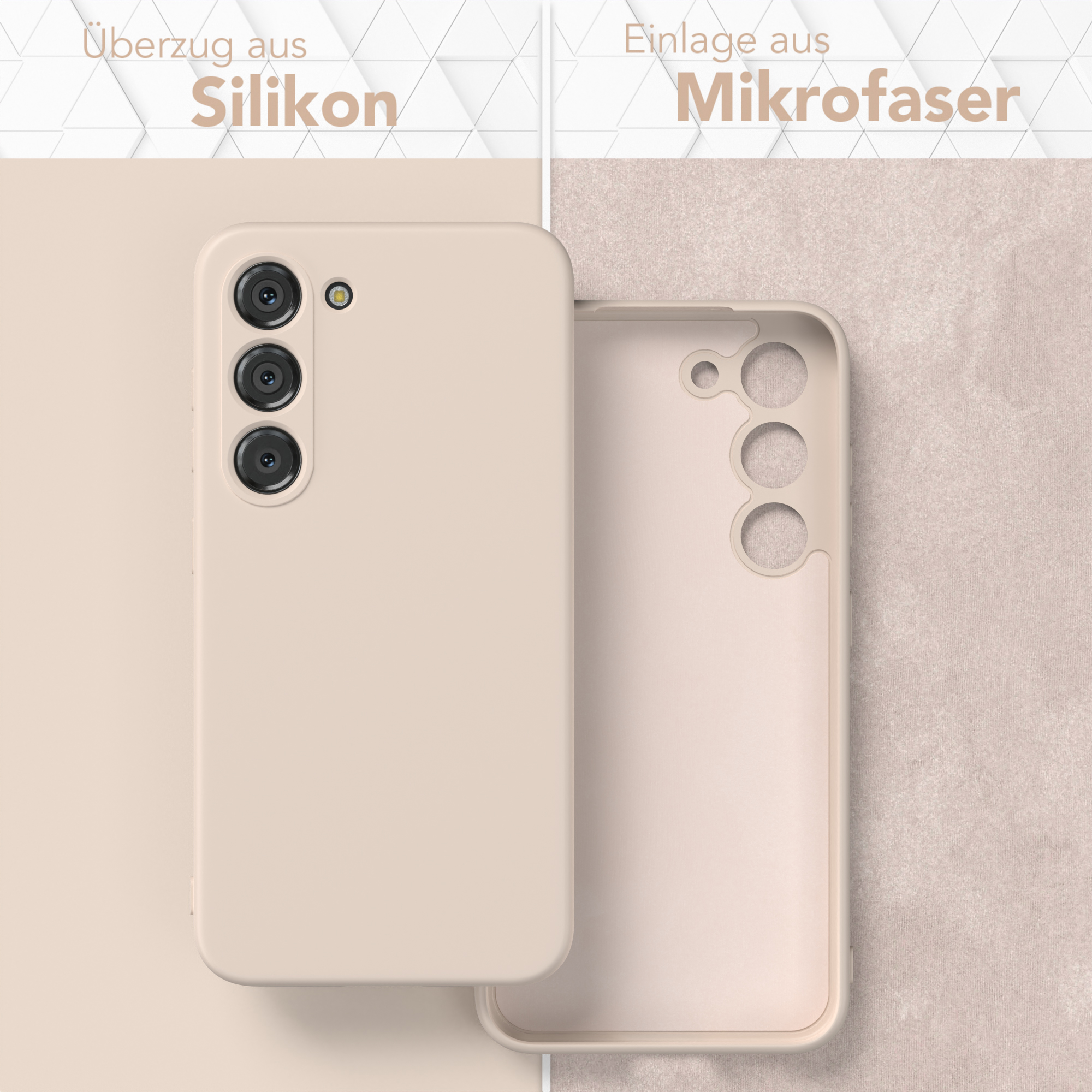 Eine beige Handyhülle mit drei Kameraausschnitten, geöffnet, um das Innere zu zeigen. Text auf Deutsch.