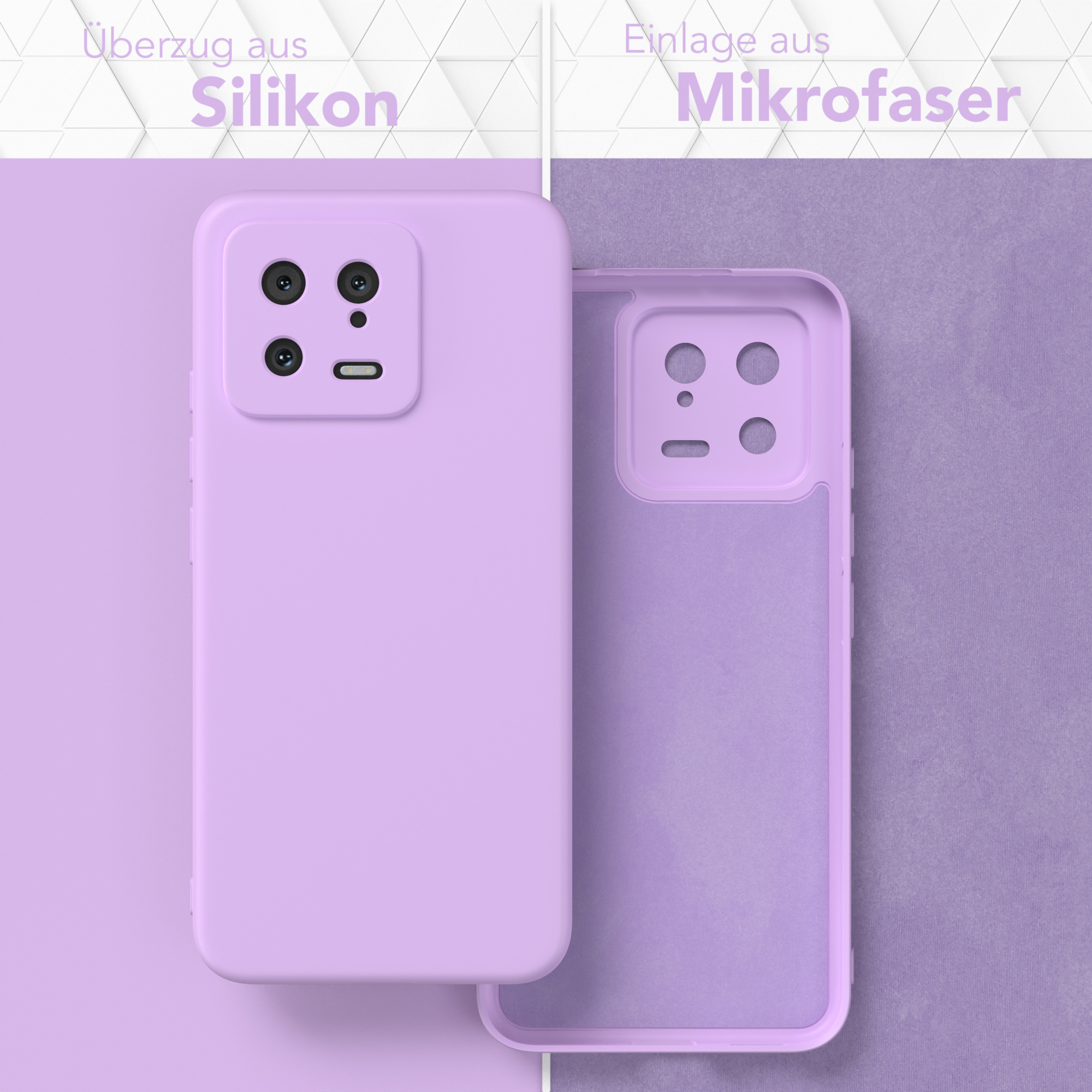 Lila Handyhülle, zeigt Silikonaußenseite und Mikrofaserfutter.