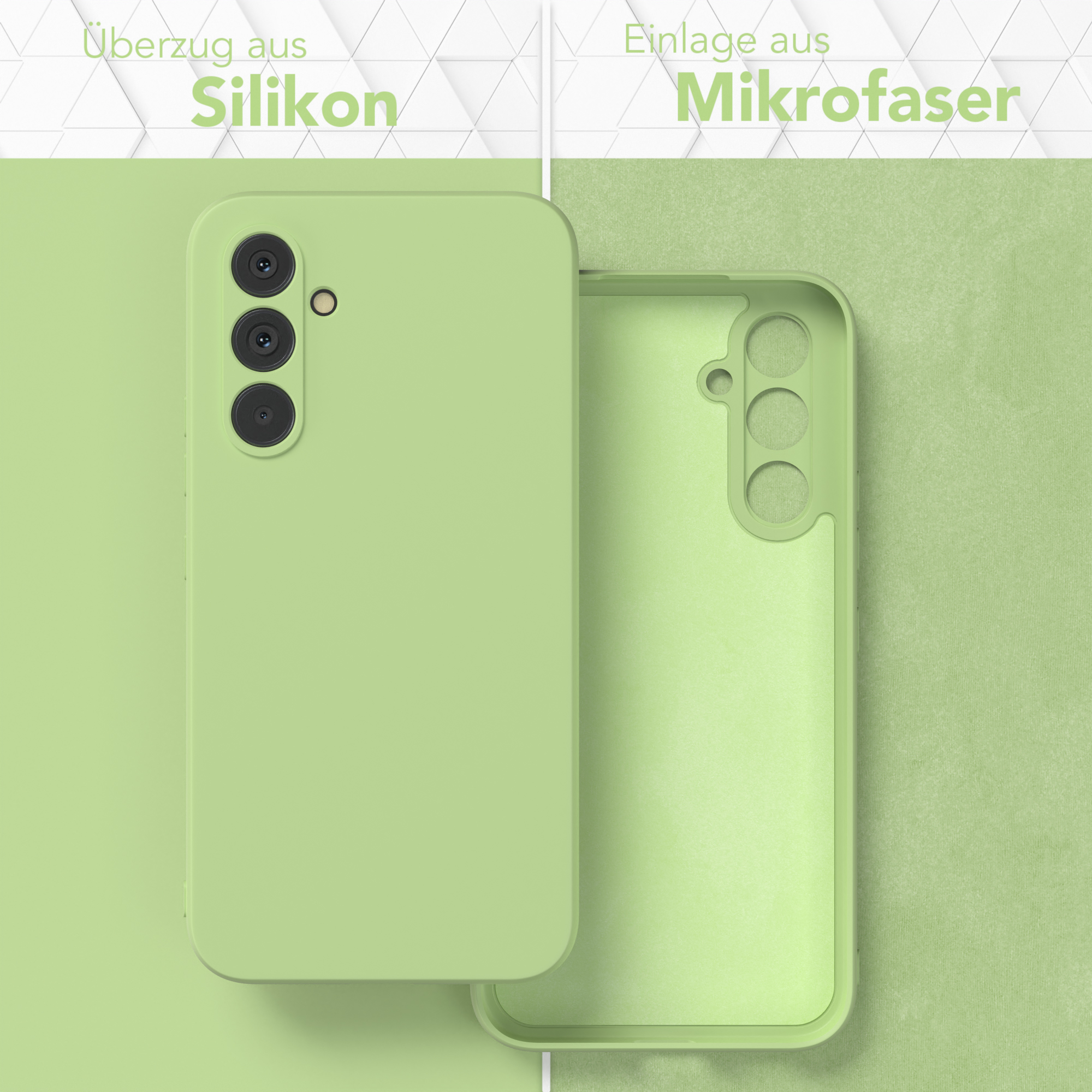 Zwei Handyhüllen nebeneinander. Eine grüne Hülle mit dem Telefon im Inneren. Die andere ist leer und zeigt das Innere.