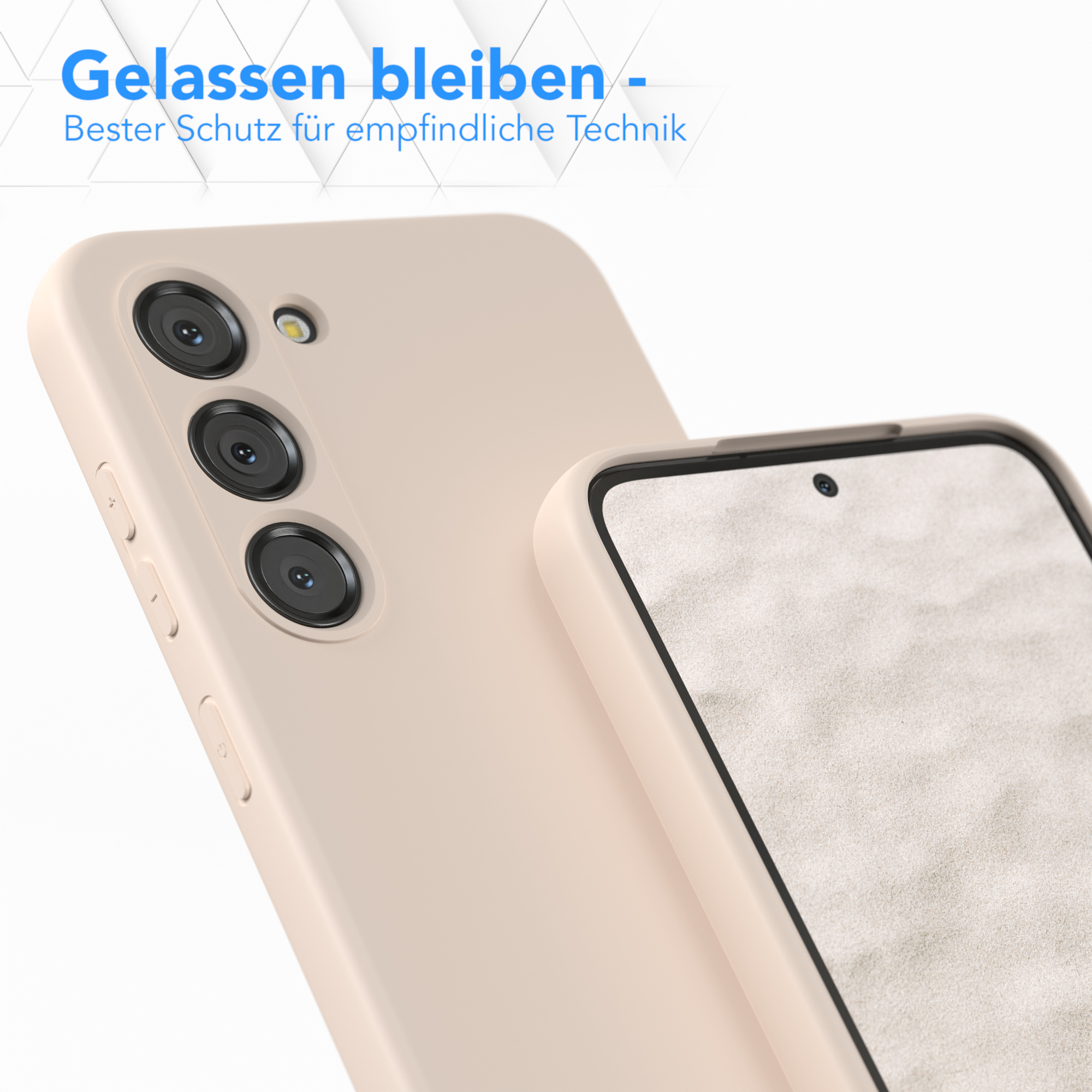 Zwei Telefone. Eines in einer beigen Hülle, das andere hat eine Displayschutzfolie. Text: Bester Schutz für empfindliche Technik.