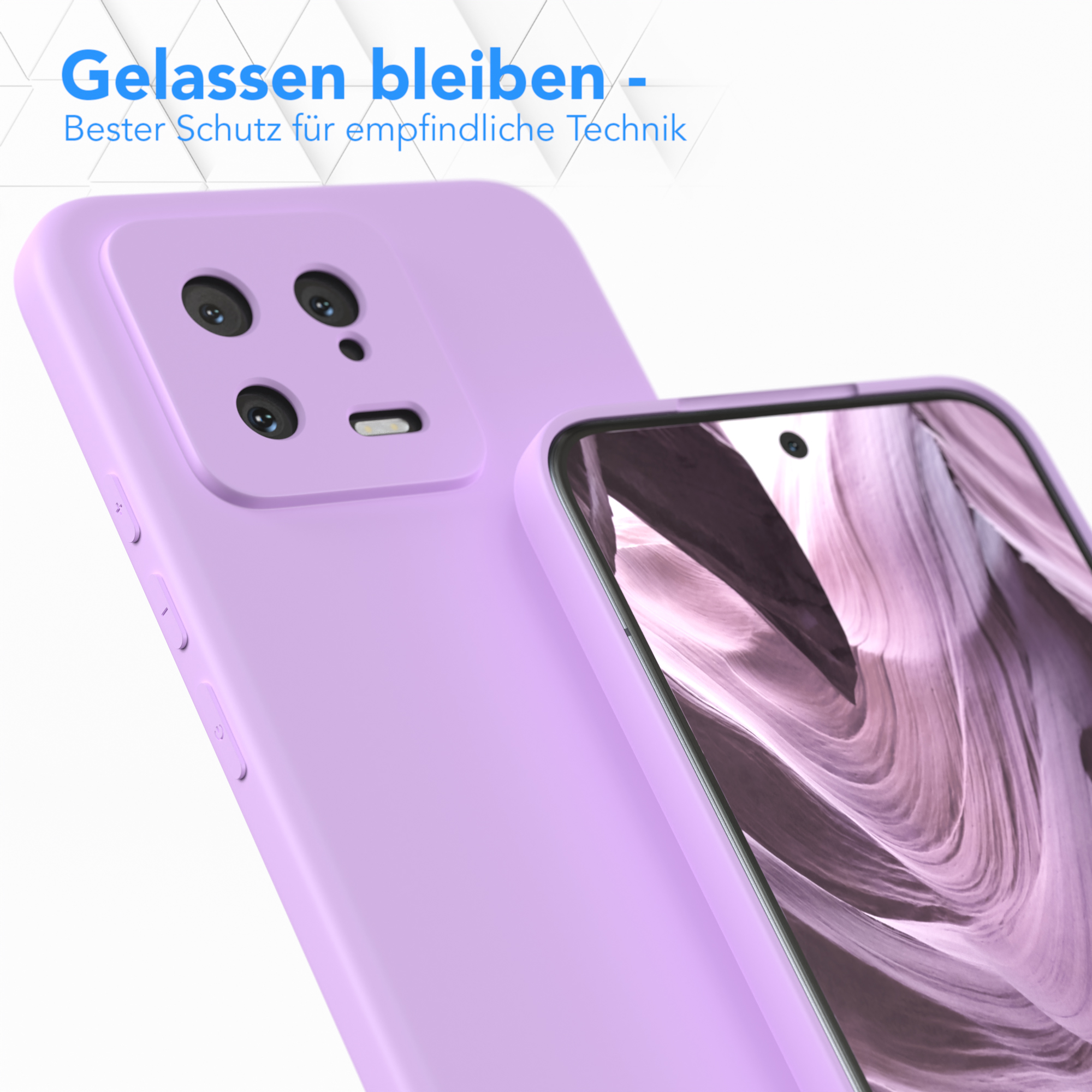Lila Handyhülle mit Telefon. Text: Gelassen bleiben - Bester Schutz.