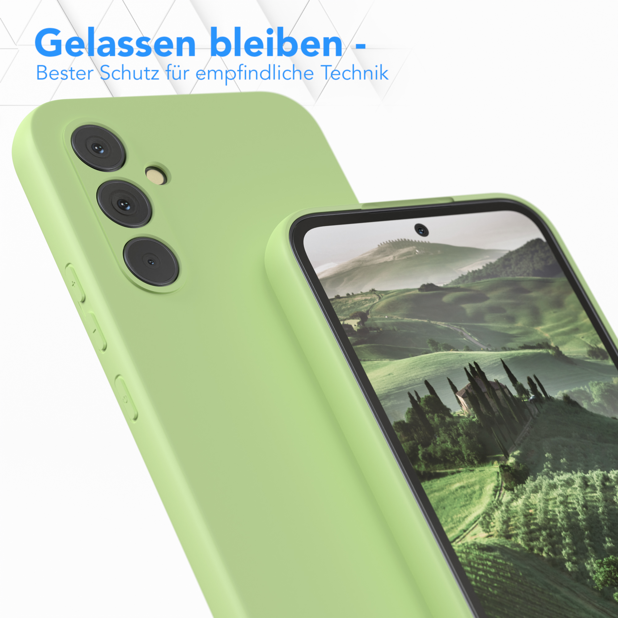 Grüne Handyhülle mit Telefon, Text: 'Gelassen bleiben - Bester Schutz'.