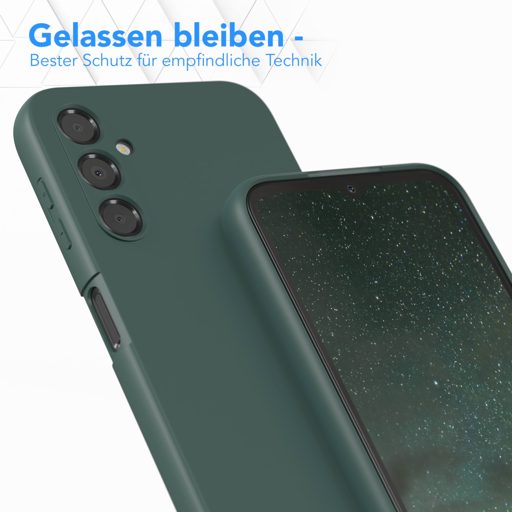 Grüne Handyhülle, zeigt Kameralinsen und Rückseite des Telefons. Die Hülle liegt oben auf einer anderen.