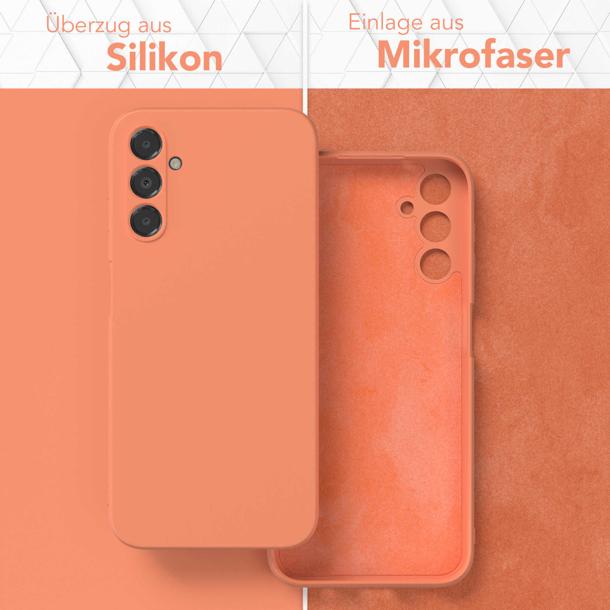 Zwei Handyhüllen: eine orangefarbene, die andere offen und ein Mikrofaser-Innenraum zeigend, auf Pfirsichhintergrund.