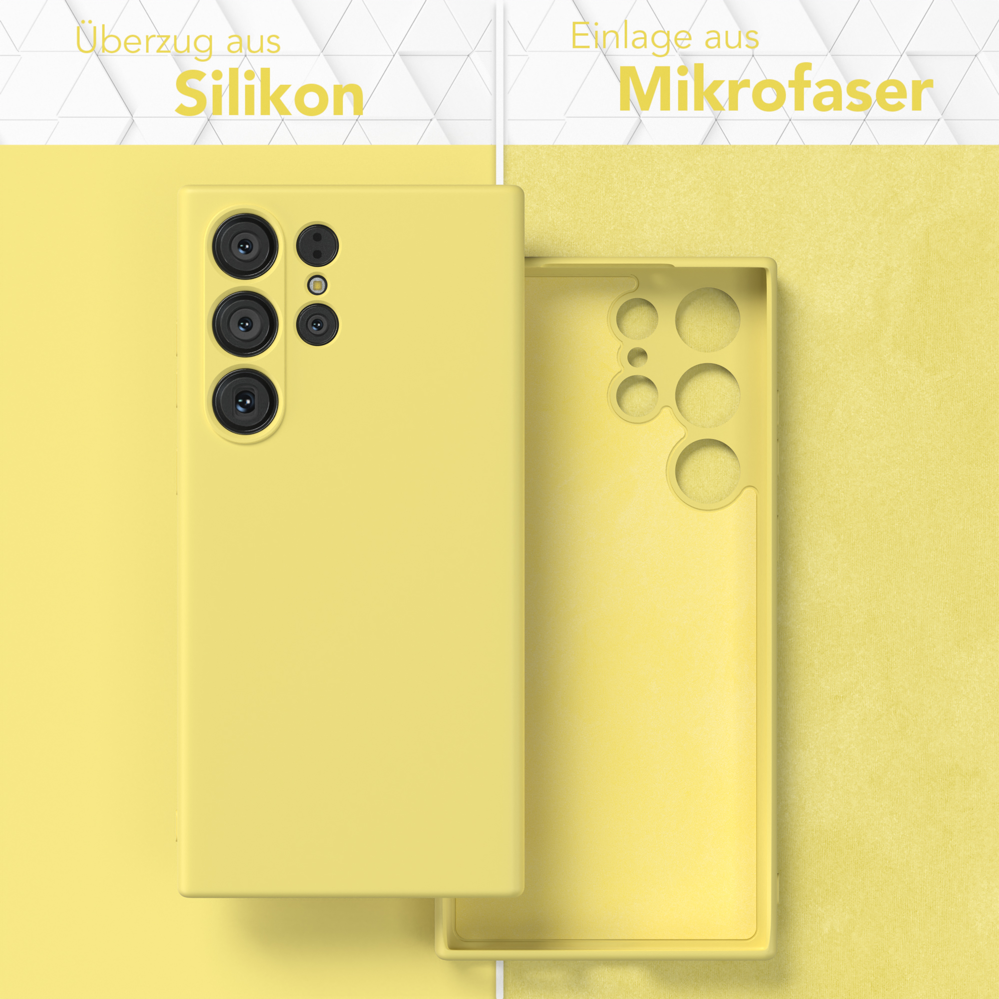 Gelbe Handyhülle, außen und innen, aus Silikon und Mikrofaser.
