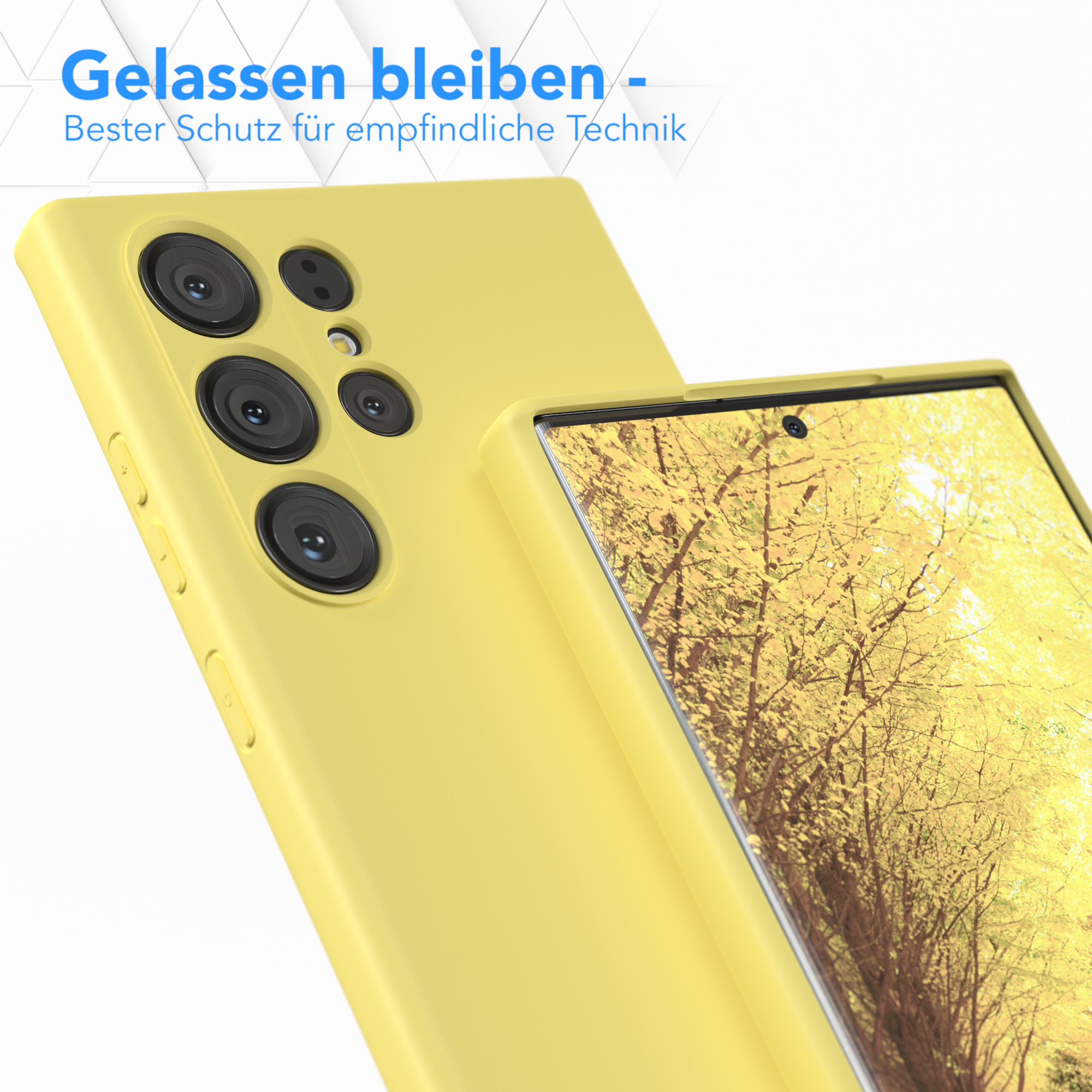 Gelbe Handyhülle mit Telefon im Inneren. Gelber Hintergrund.
