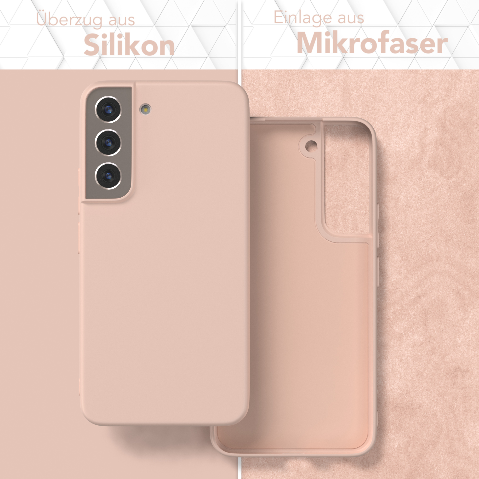 Zwei Handyhüllen, eine offen. Text: Überzug aus Silikon und Mikrofasr.