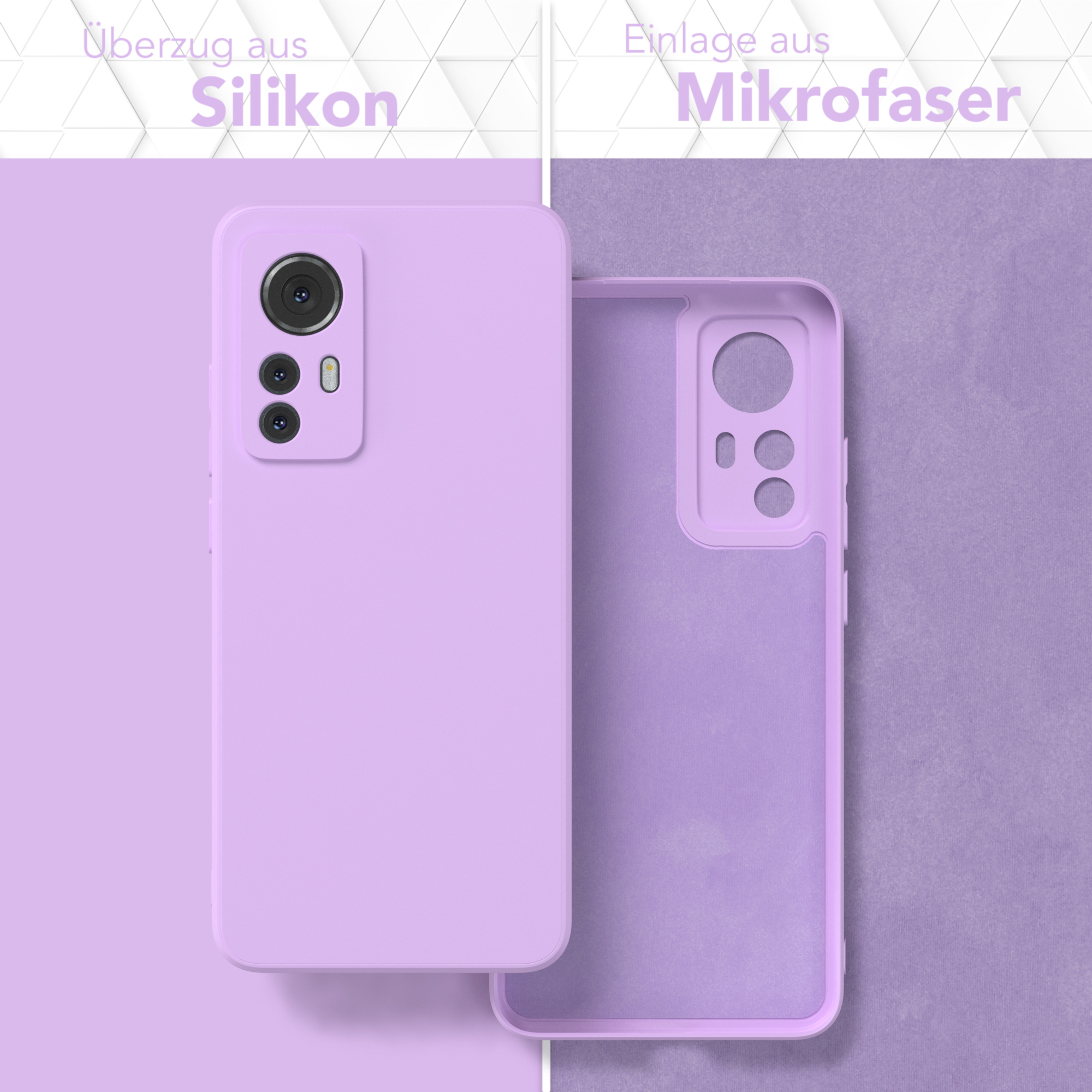 Zwei lila Handyhüllen, die die Außenseite und Innenseite mit einem Mikrofaser-Innenraum zeigen.