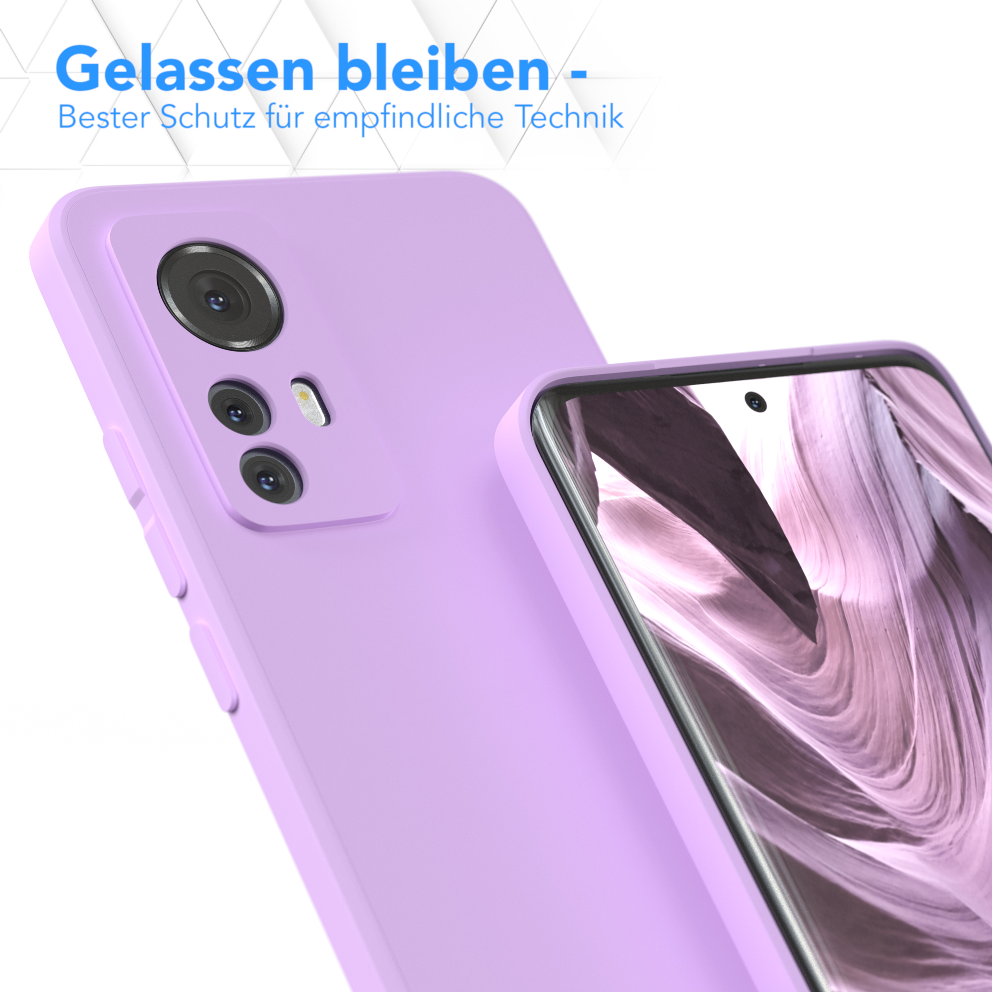 Eine lilafarbene Handyhülle mit Text zum Schutz empfindlicher Technik, vor weißem Hintergrund.