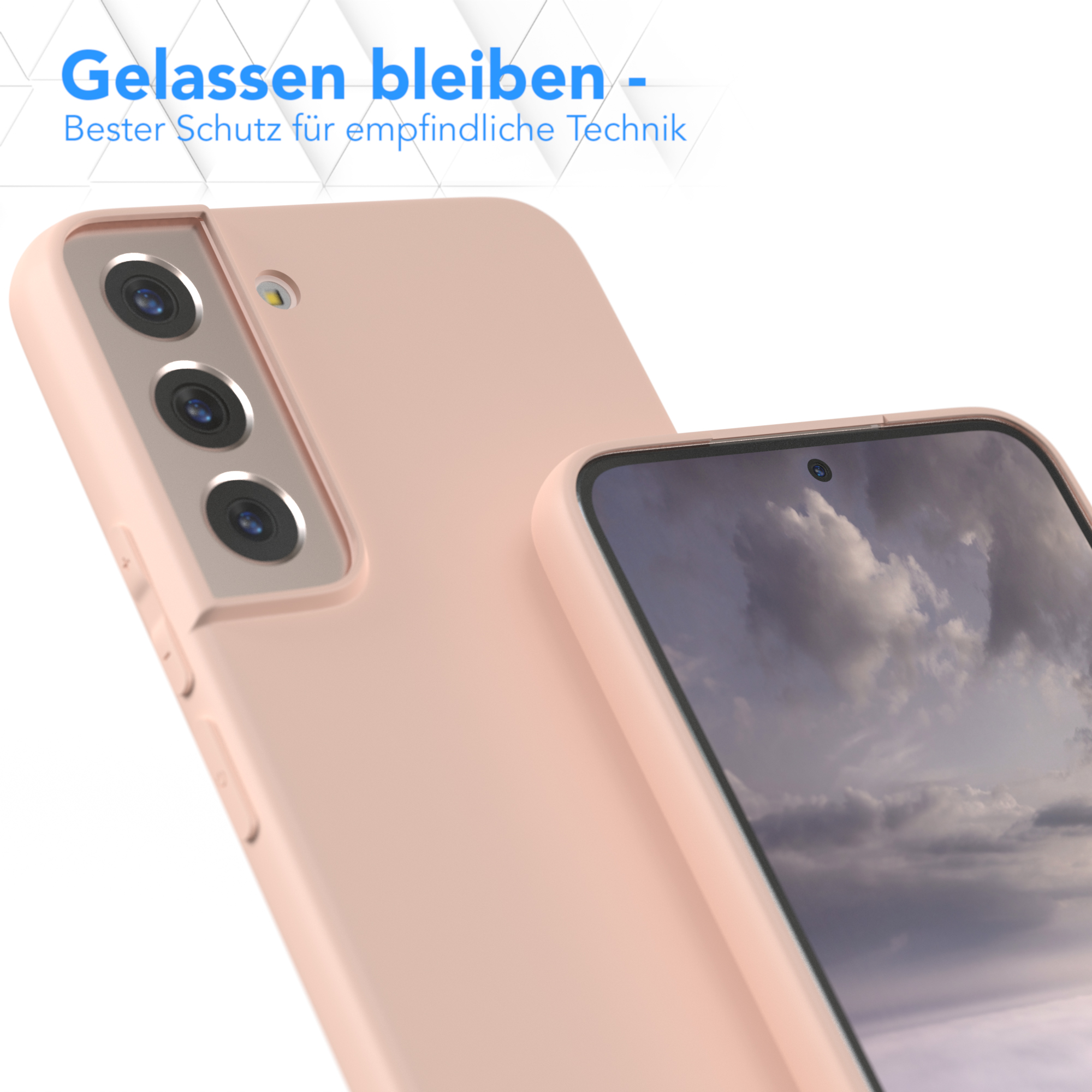 Rosafarbene Handyhülle. Nahaufnahme eines Telefons in einer Hülle. Text: Gelassen bleiben.