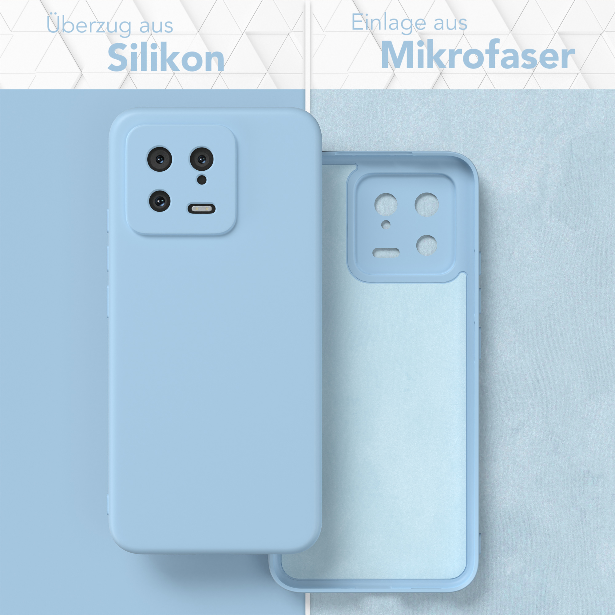 Eine hellblaue Handyhülle mit Kameraausschnitten. Die offene Hülle zeigt ein hellblaues Mikrofaser-Innenteil.