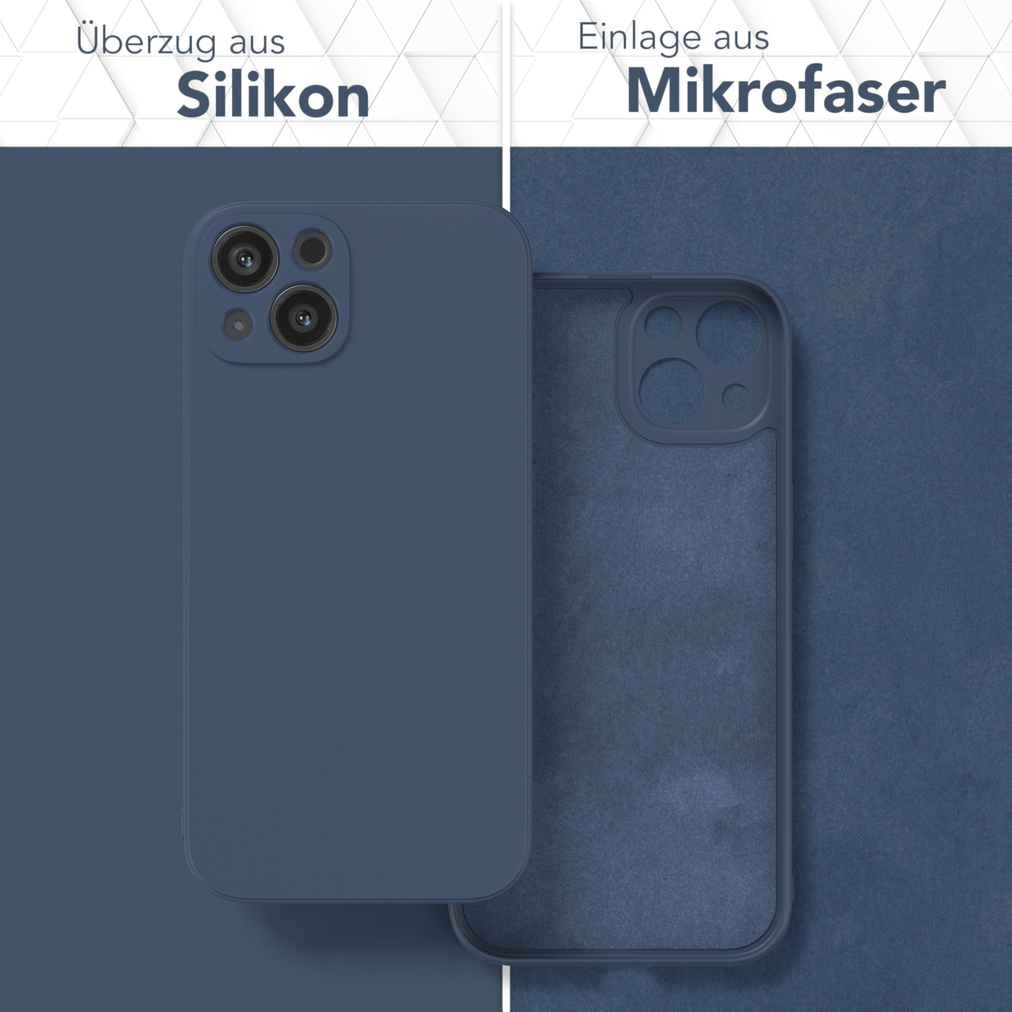 Blaue Handyhülle mit einem Telefon darin. Weißer Hintergrund.