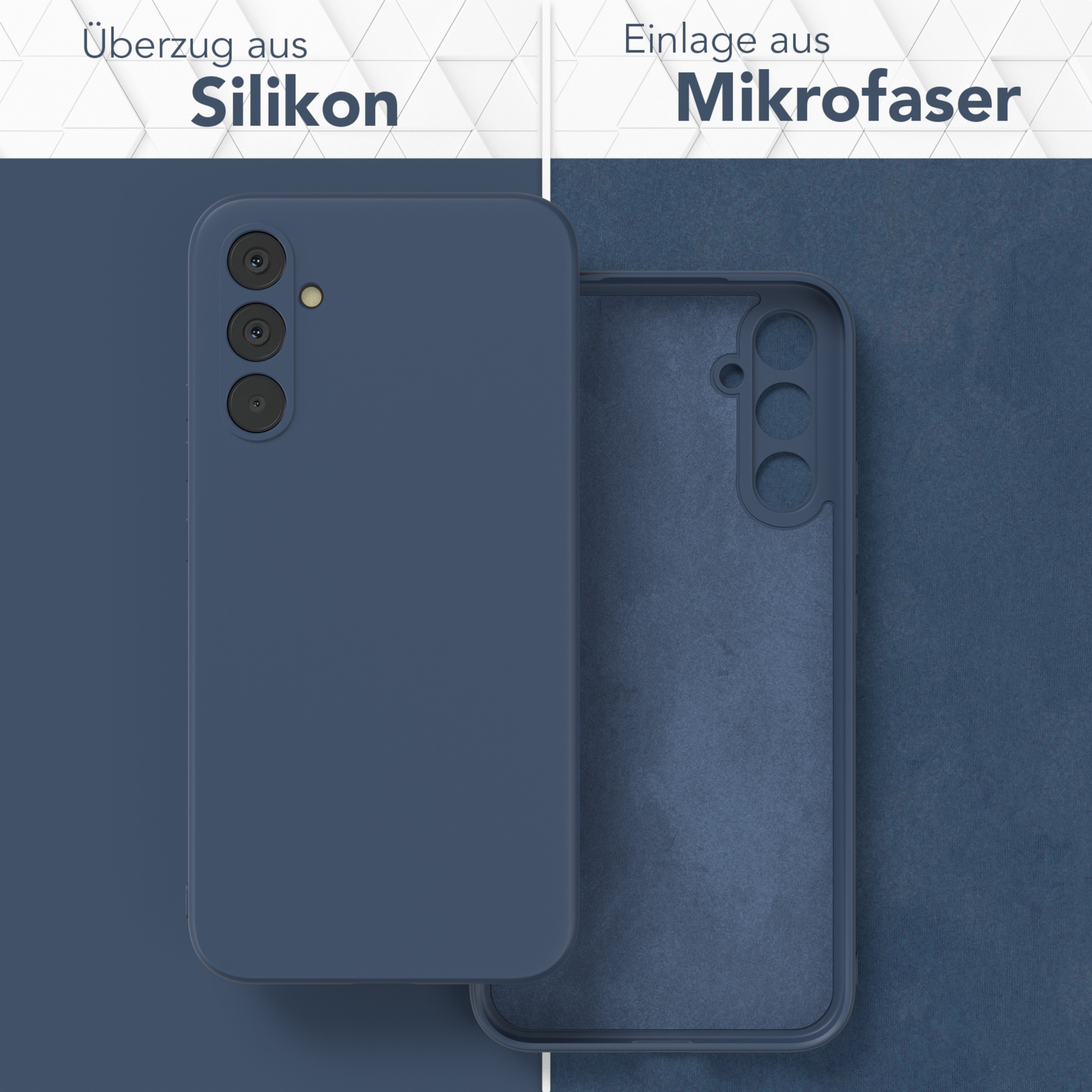 Blaue Handyhülle. Silikon außen, Mikrofaser innen. Text: Silikonüberzug, Mikrofaser-Einlage.