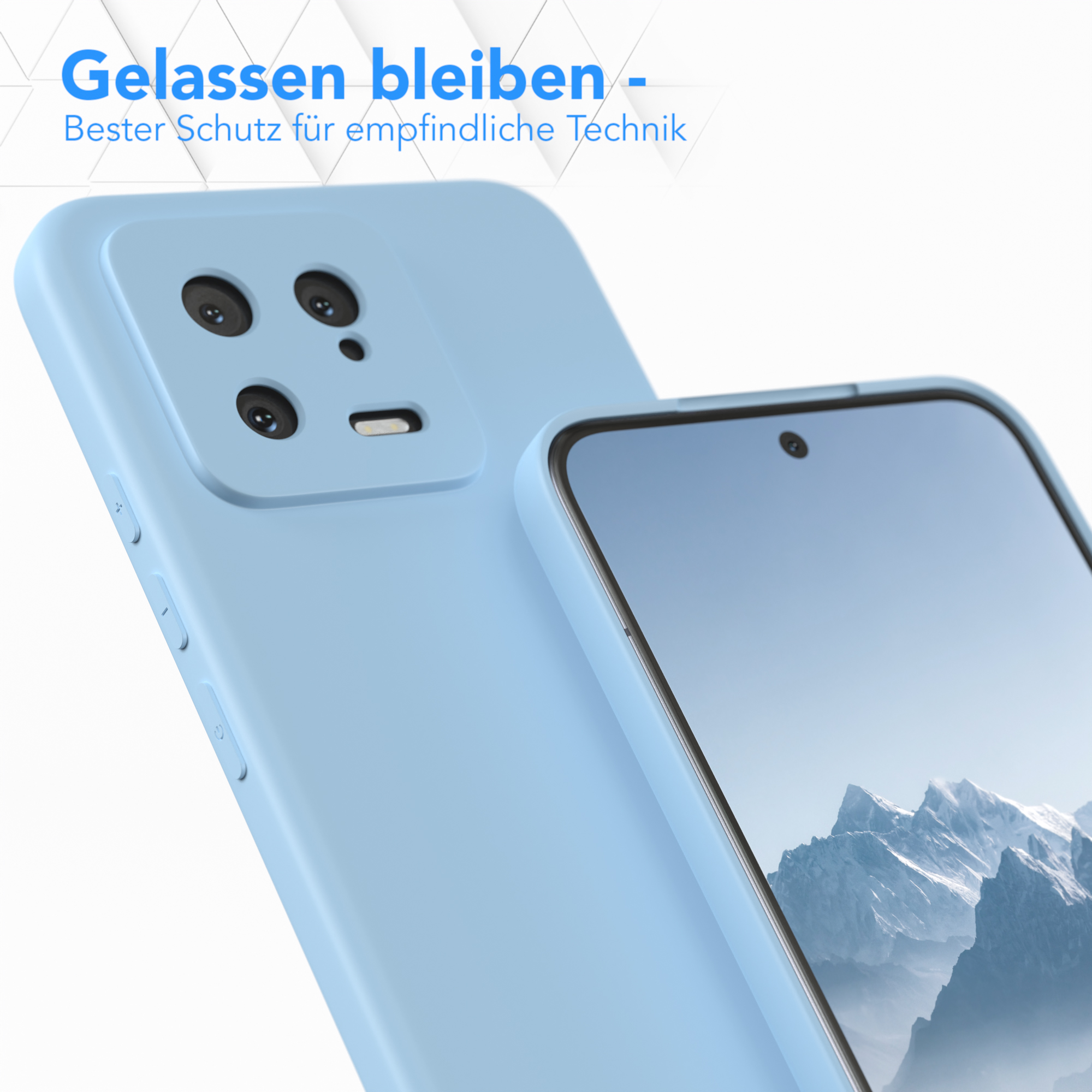 Zwei hellblaue Handyhüllen. Eine bedeckt ein Telefon, die andere ist separat. Text: 'Entspannt bleiben'.