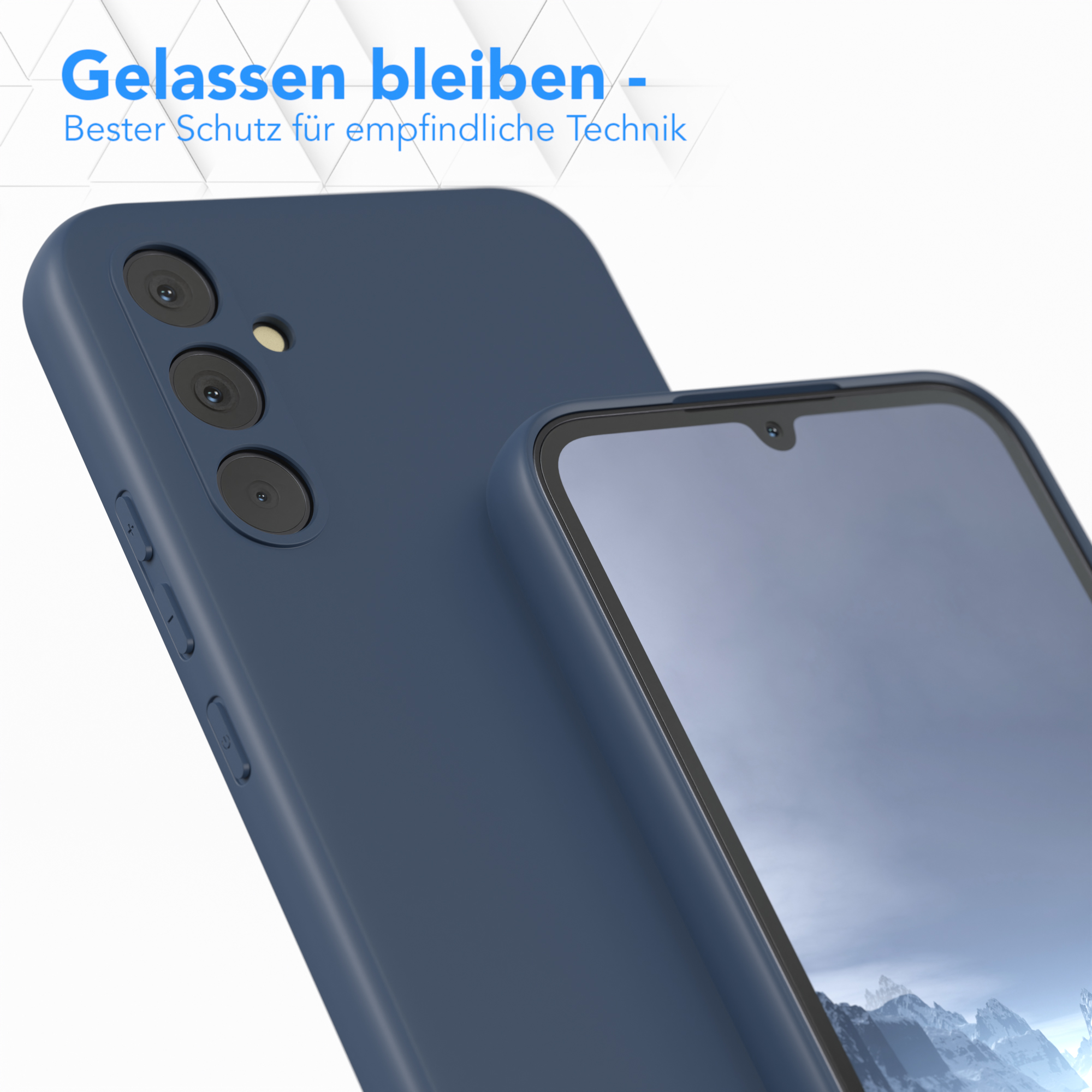 Nahaufnahme einer blauen Handyhülle mit einem Telefon darin. Der Text gibt an, dass das Telefon geschützt ist.