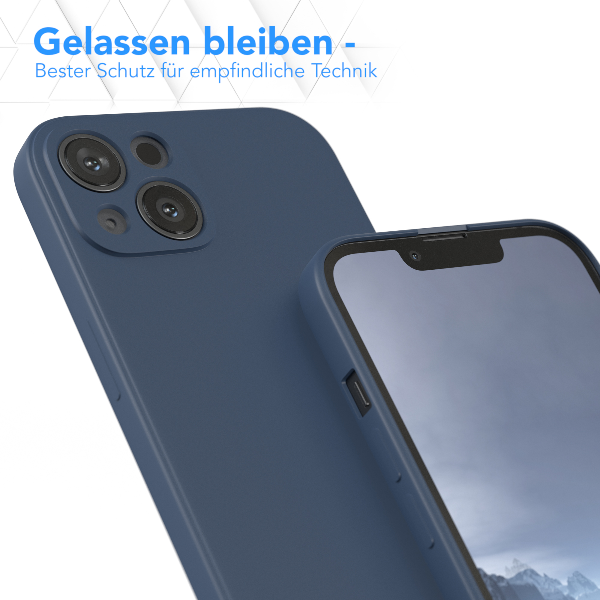 Dunkelblaue Handyhülle mit Landschaftsbild auf weißem Hintergrund.