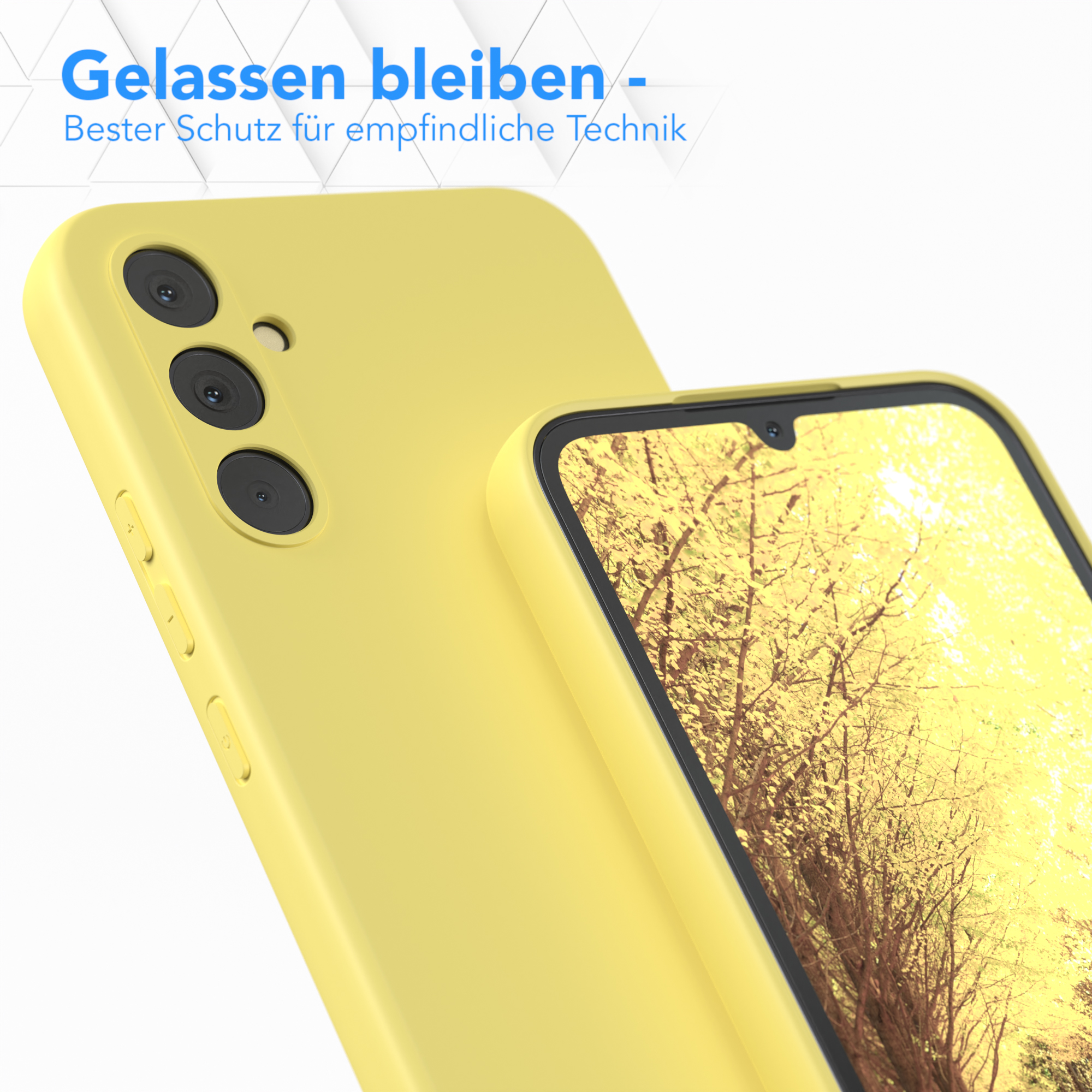 Zwei gelbe Handyhüllen, eine bedeckt ein Telefon. Der Text betont den Schutz.