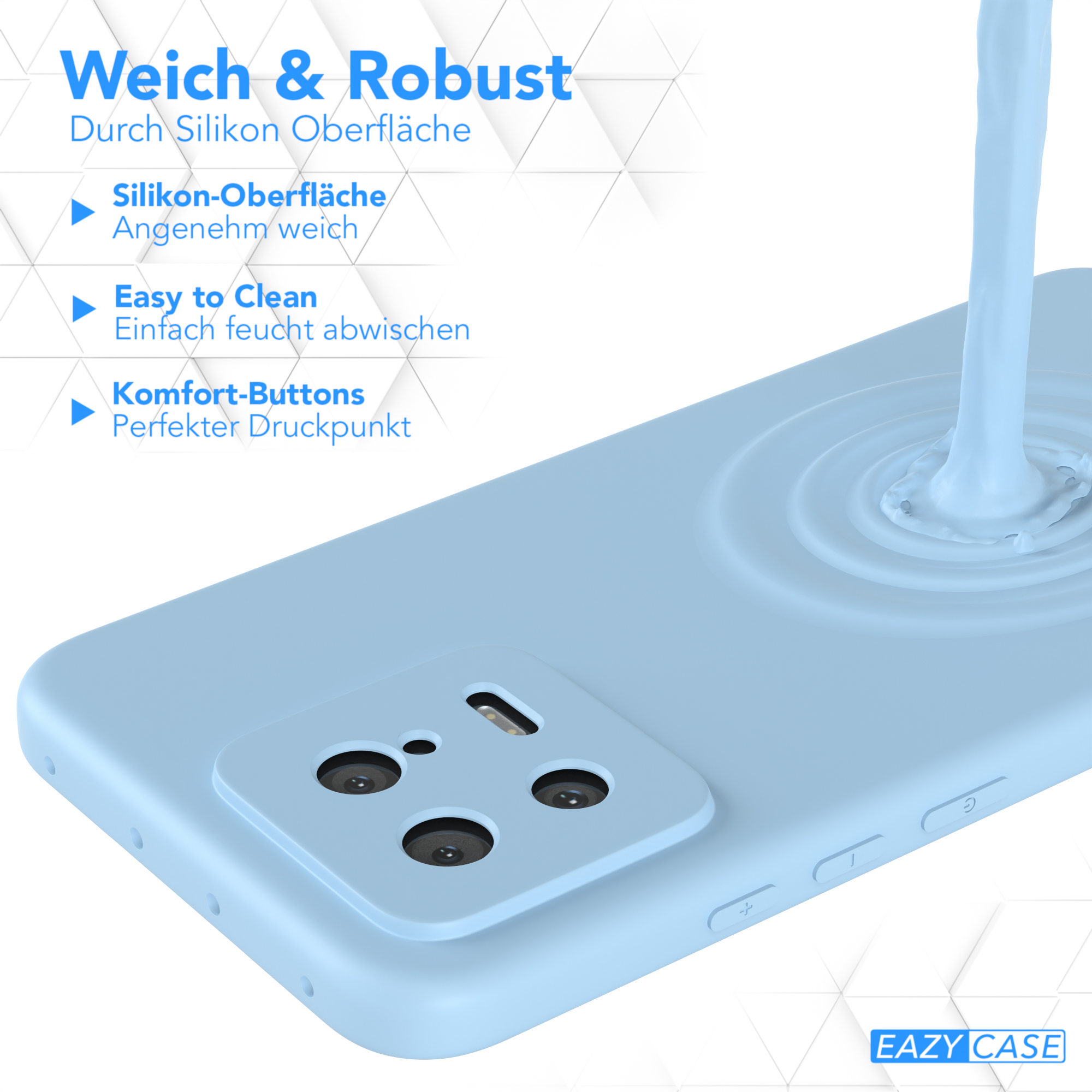Eine hellblaue Handyhülle mit Wasser-Effekt, Logo EAZY CASE. Der Hintergrund ist weiß.