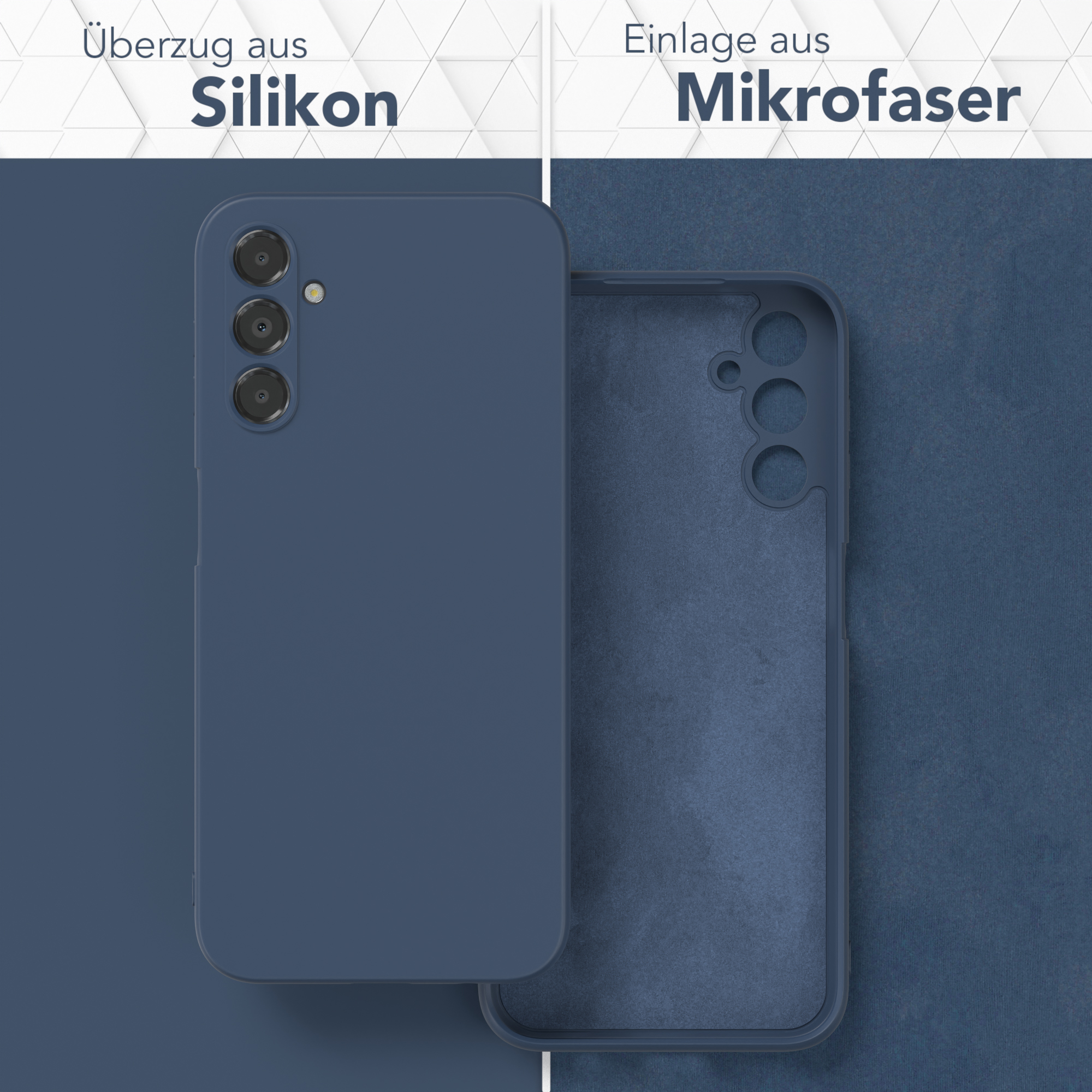 Eine blaue Handyhülle, die die äußere Silikonschicht und die innere Mikrofaser zeigt.