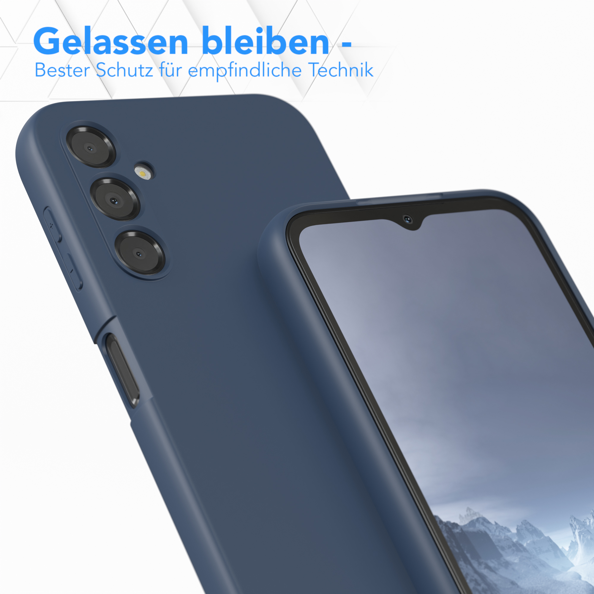Zwei marineblaue Handyhüllen, eine auf einem Telefon mit verschwommenem Hintergrund, eine leer.