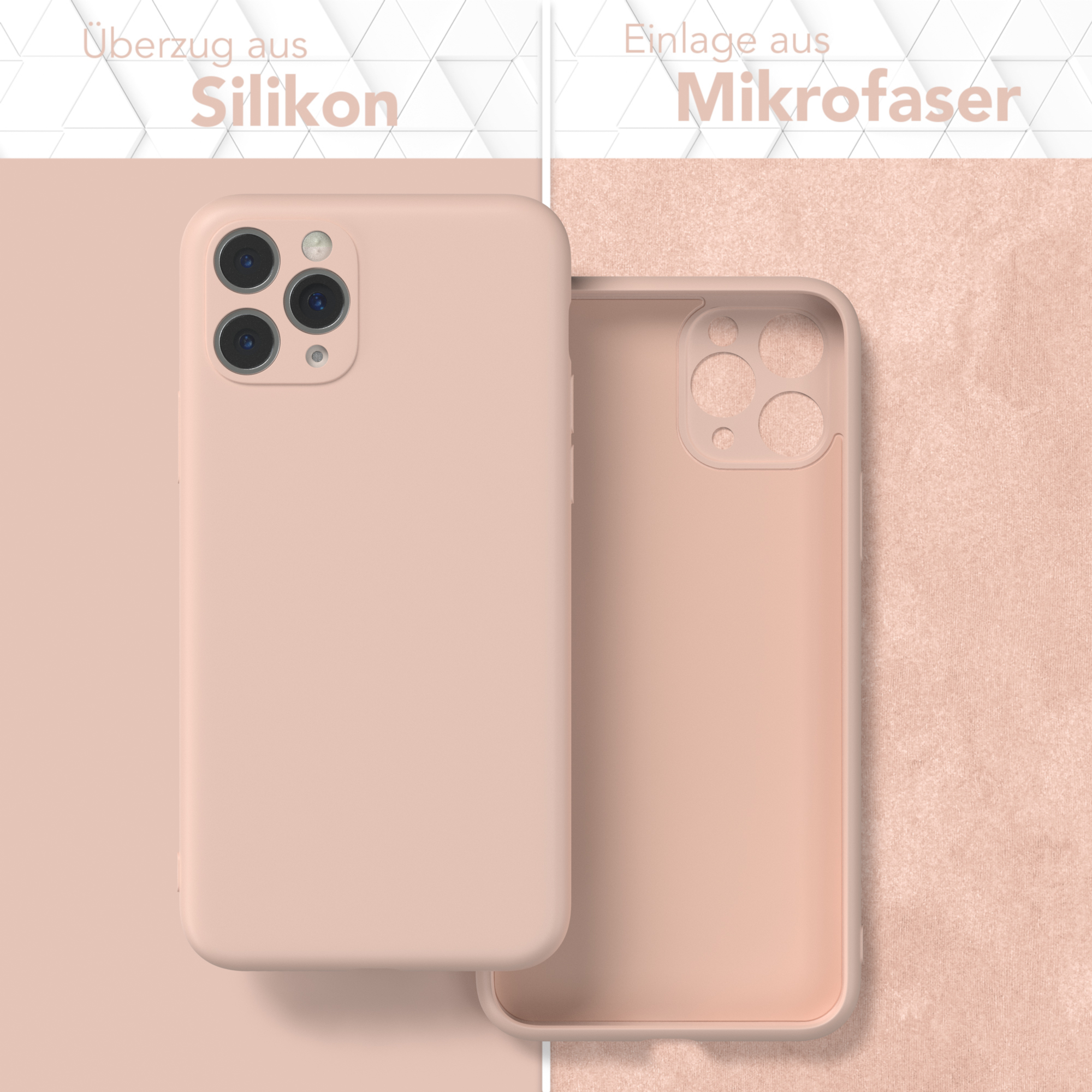 Rosa Handyhülle, mit Silikonhülle und Mikrofaser-Innenseite, offen gezeigt.