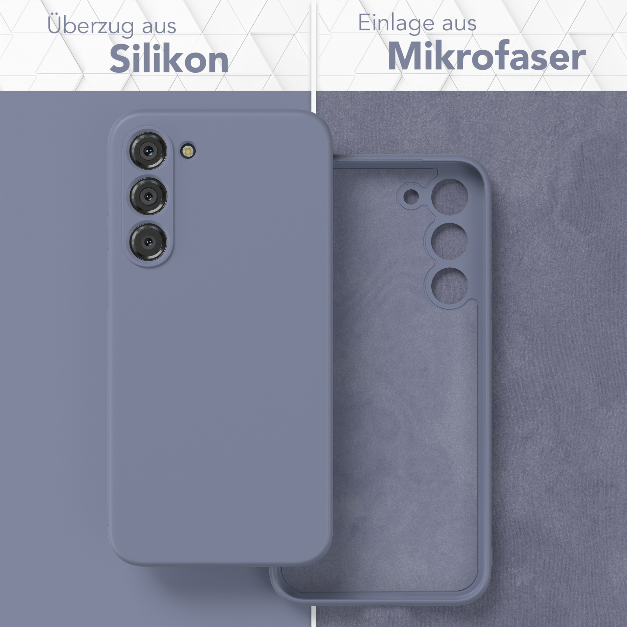 Zwei Handyhüllen. Eine ist lila, die andere ist die Innenseite der Hülle mit Mikrofaser.